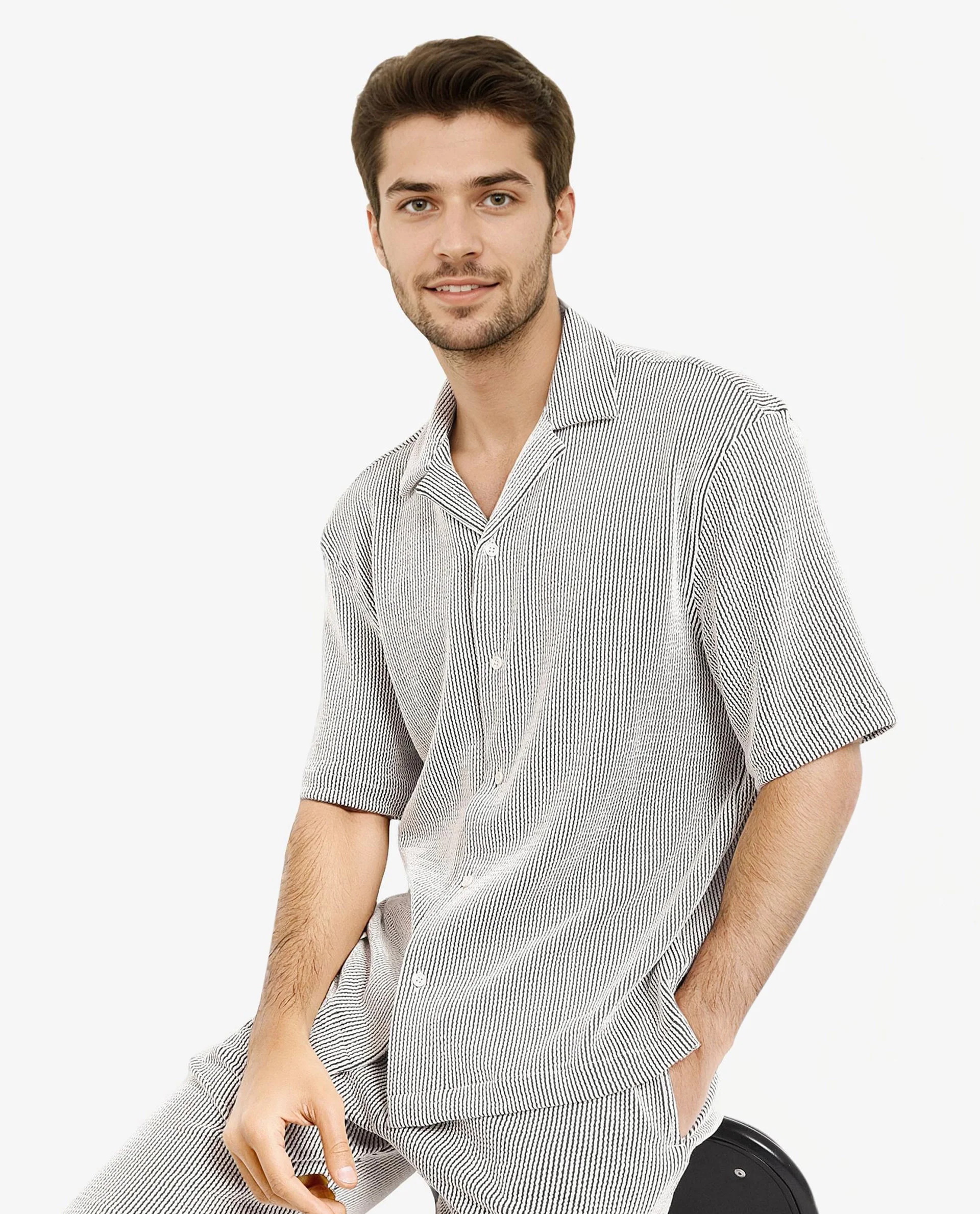 Rare Rabbit Men's Zavet-S Black Cotton Striped Print Boxy Fit Half Sleeve Cuban Collar Shirt - Image 6