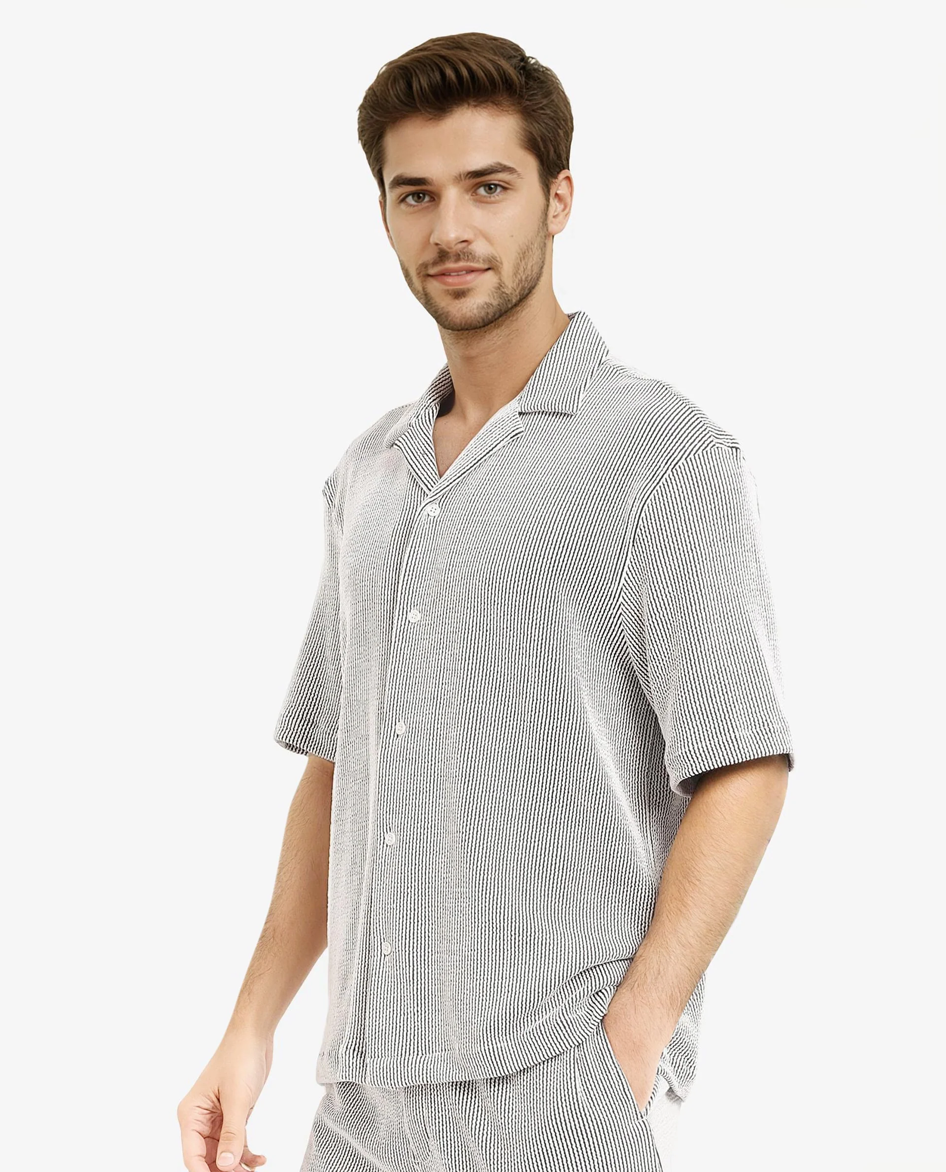 Rare Rabbit Men's Zavet-S Black Cotton Striped Print Boxy Fit Half Sleeve Cuban Collar Shirt - Image 7