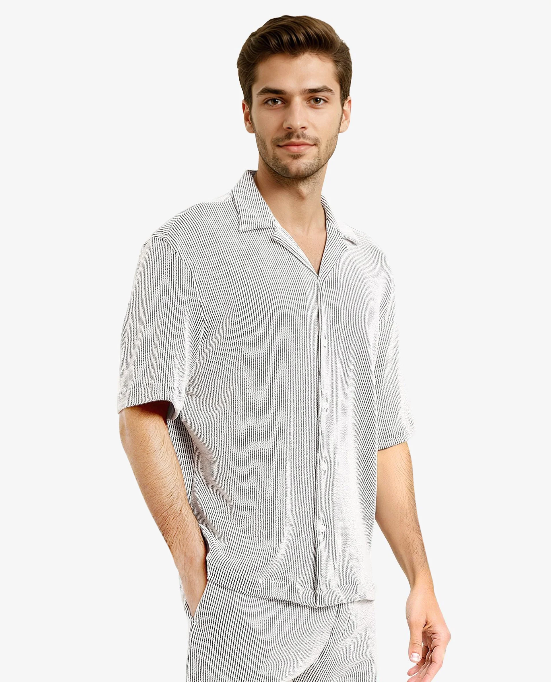 Rare Rabbit Men's Zavet-S Black Cotton Striped Print Boxy Fit Half Sleeve Cuban Collar Shirt - Image 8