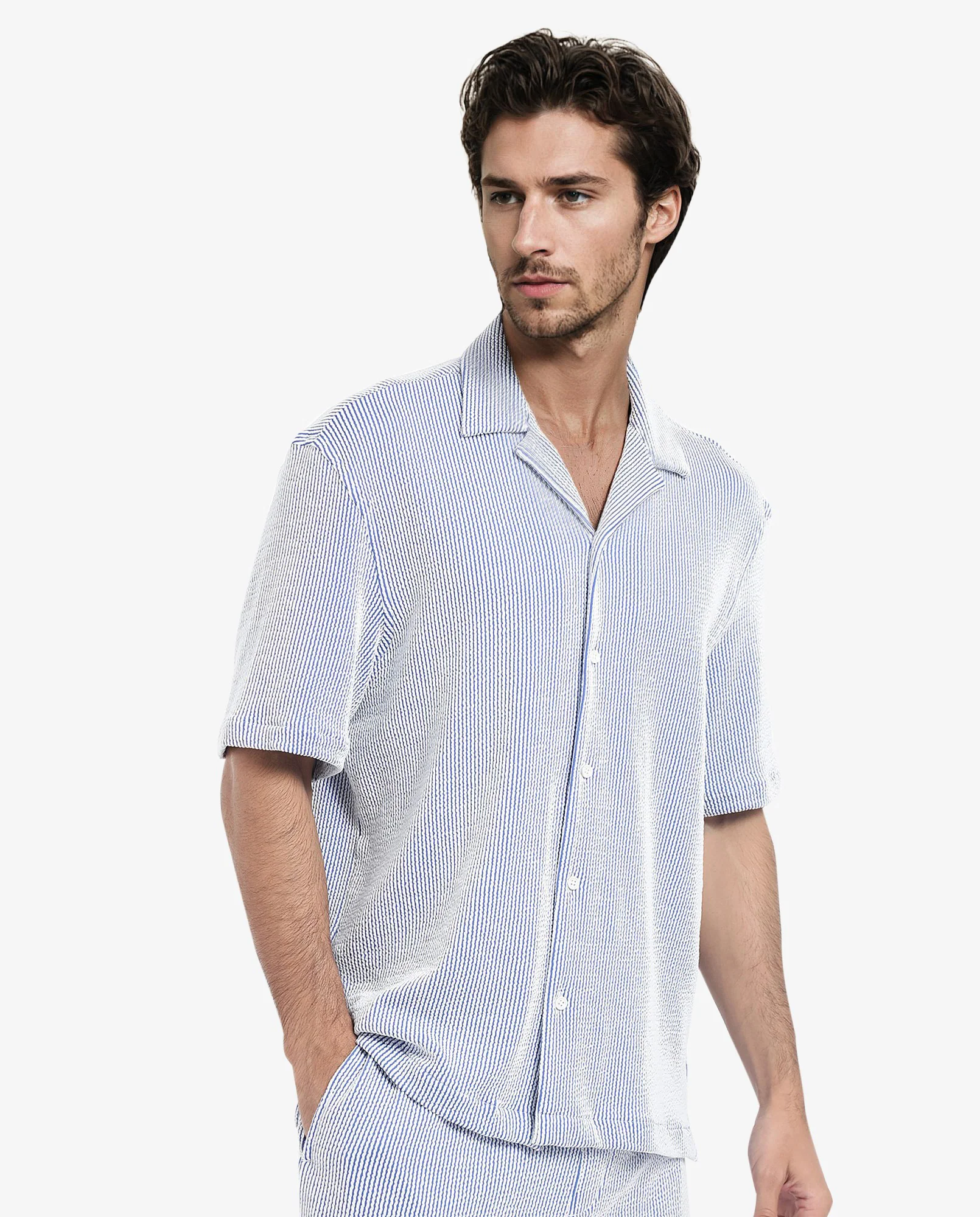 Rare Rabbit Men's Zavet-S Blue Cotton Striped Print Boxy Fit Half Sleeve Cuban Collar Shirt - Image 3
