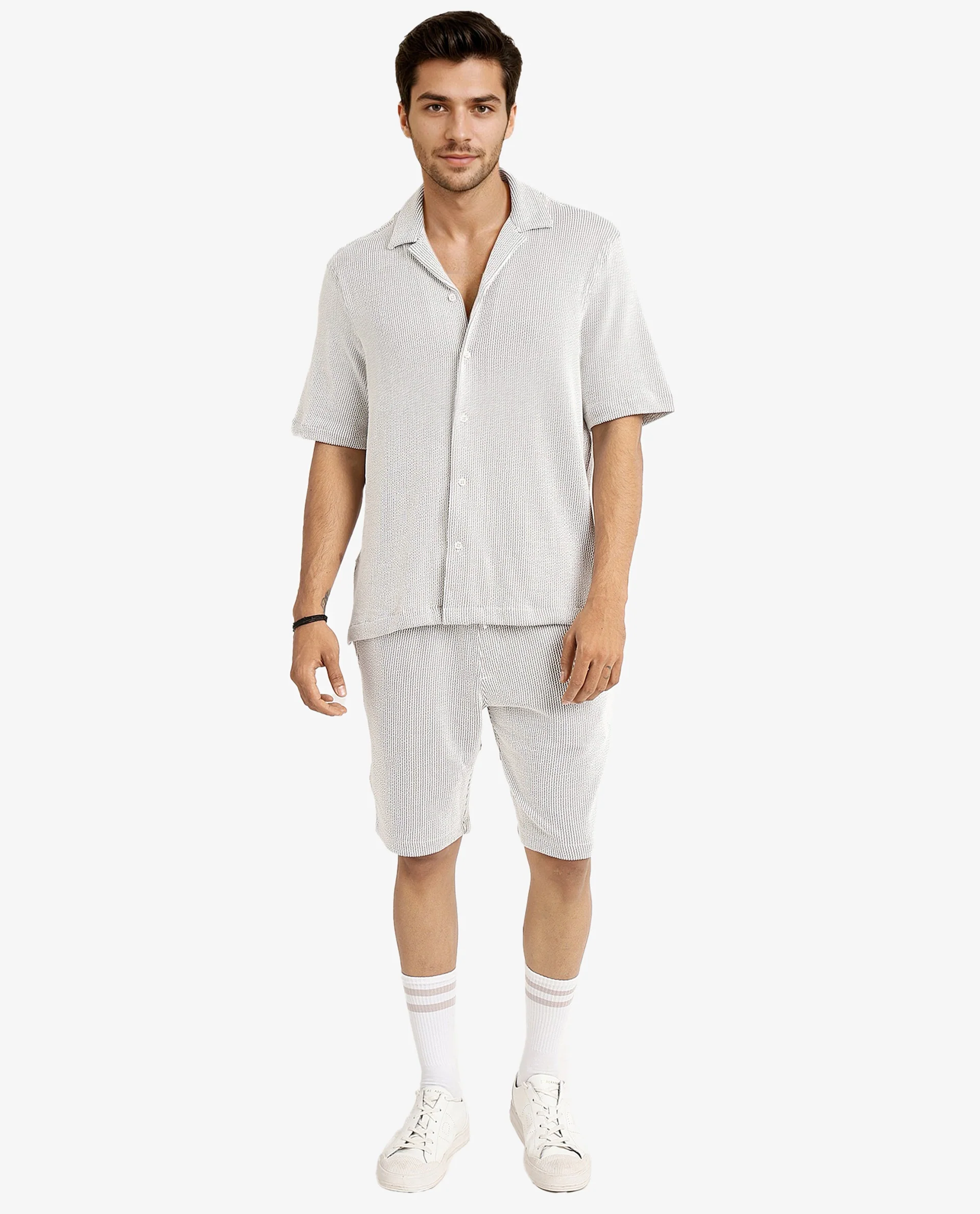 Rare Rabbit Men's Zavet-S Grey Cotton Striped Print Boxy Fit Half Sleeve Cuban Collar Shirt - Image 2
