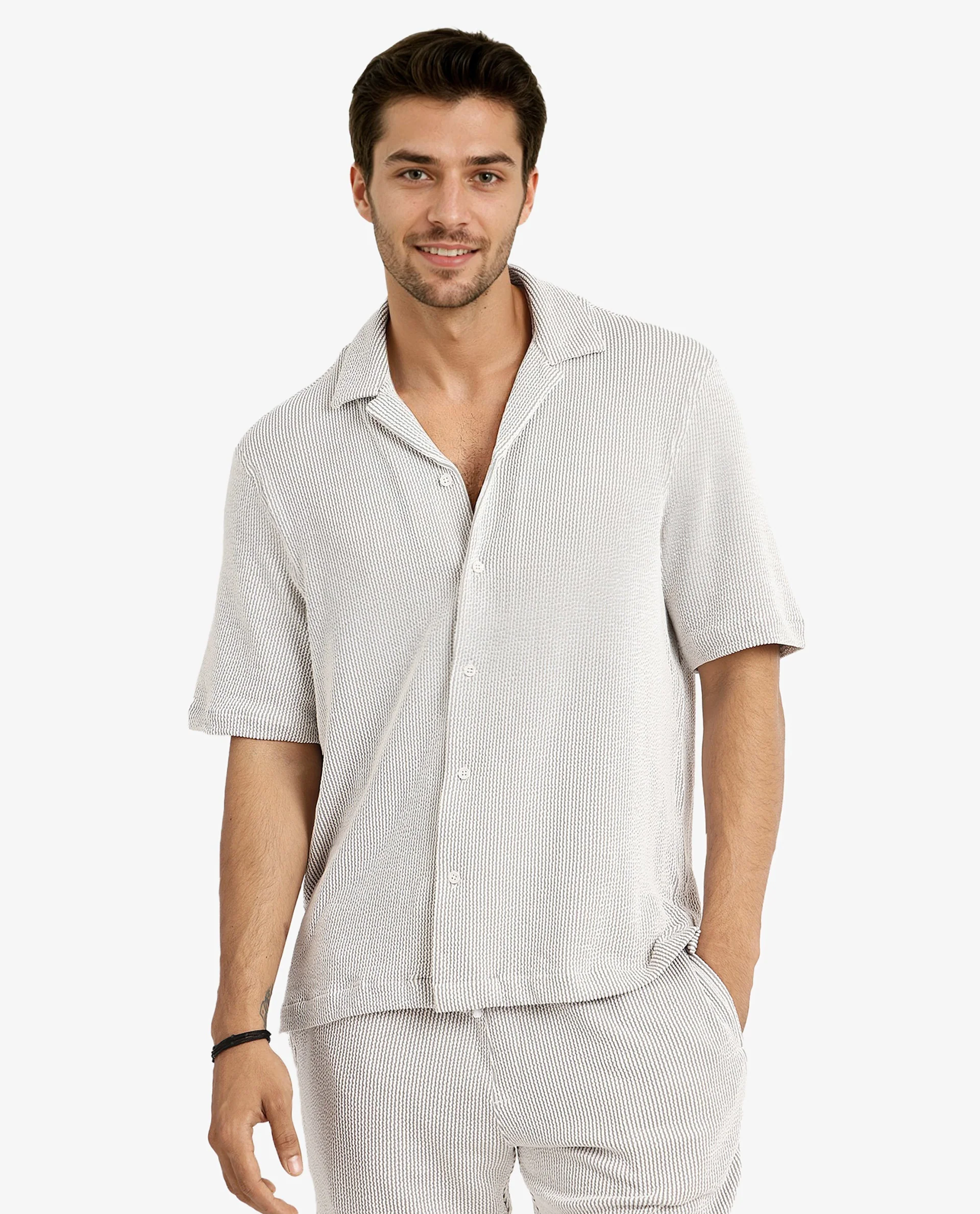 Rare Rabbit Men's Zavet-S Grey Cotton Striped Print Boxy Fit Half Sleeve Cuban Collar Shirt - Image 8