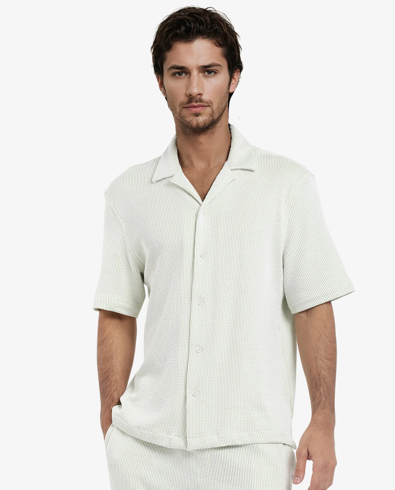 Rare Rabbit Men's Zavet-S Light Green Cotton Striped Print Boxy Fit Half Sleeve Cuban Collar Shirt