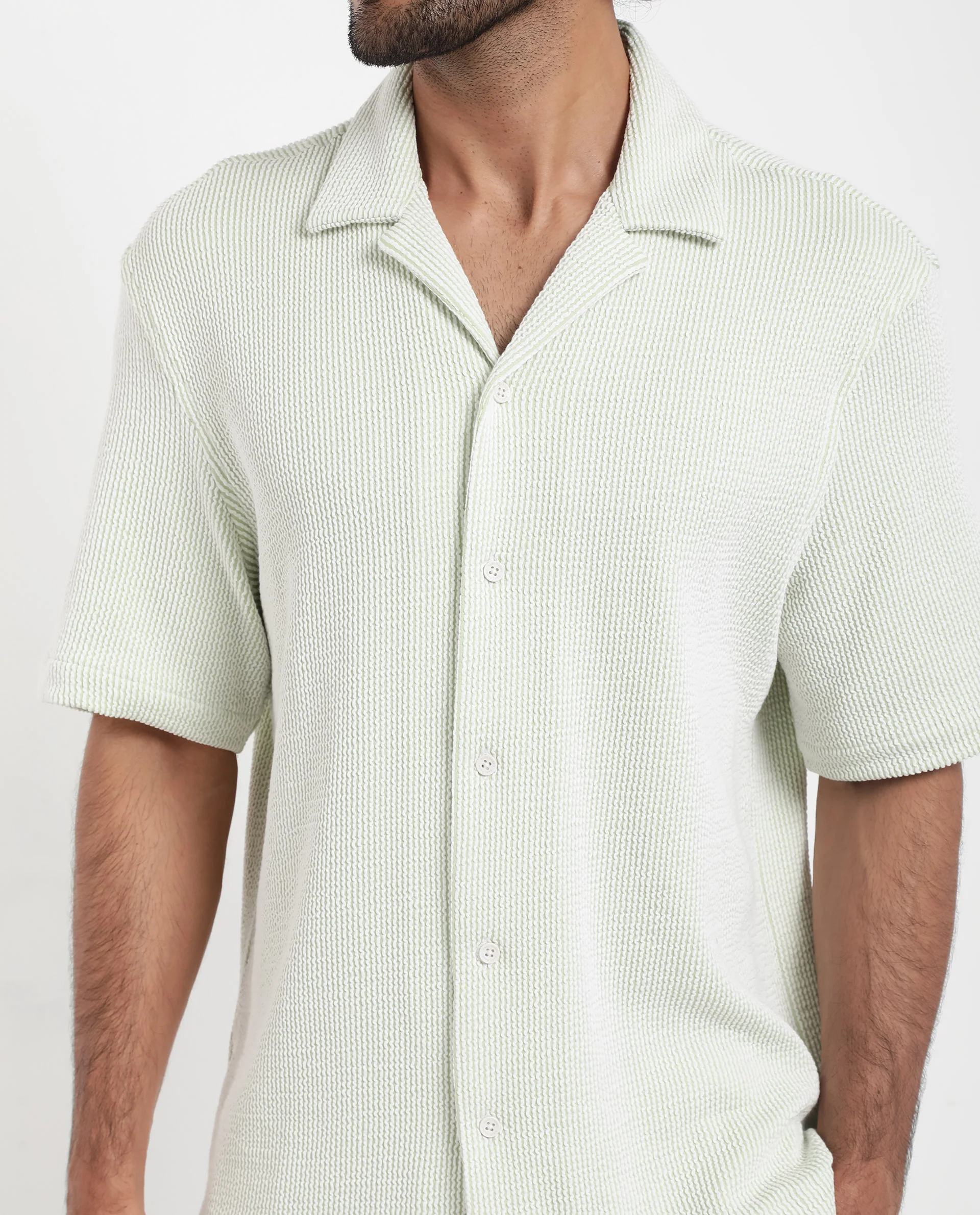 Rare Rabbit Men's Zavet-S Light Green Cotton Striped Print Boxy Fit Half Sleeve Cuban Collar Shirt - Image 4
