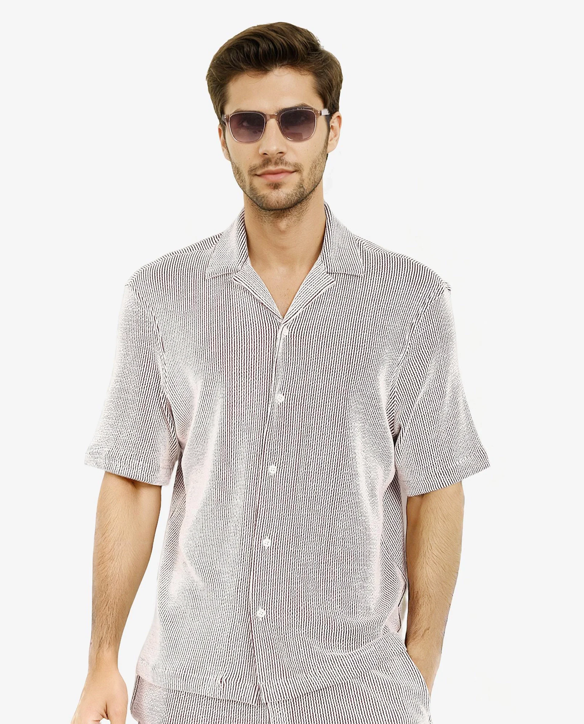 Rare Rabbit Men's Zavet-S Maroon Cotton Striped Print Boxy Fit Half Sleeve Cuban Collar Shirt - Image 4