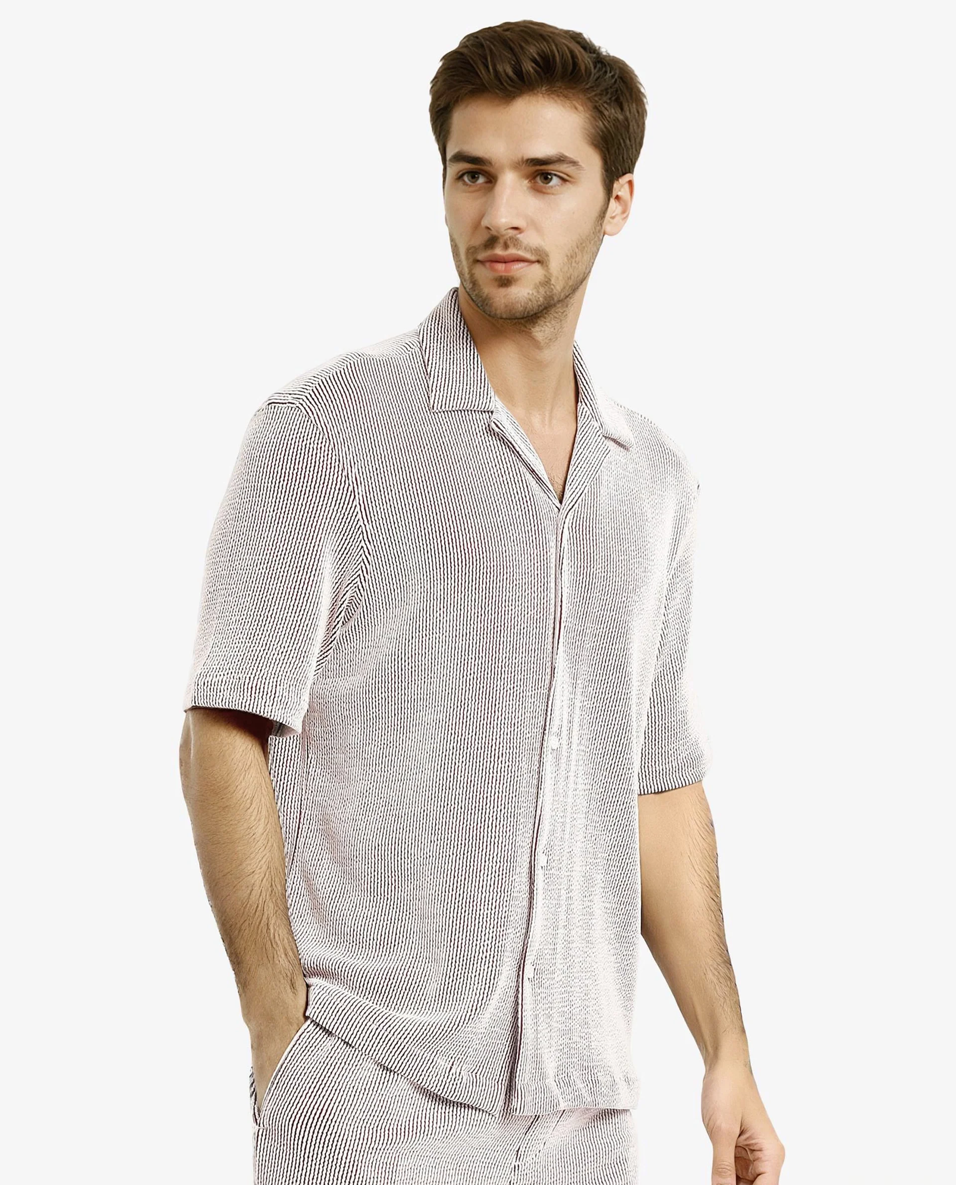 Rare Rabbit Men's Zavet-S Maroon Cotton Striped Print Boxy Fit Half Sleeve Cuban Collar Shirt - Image 7