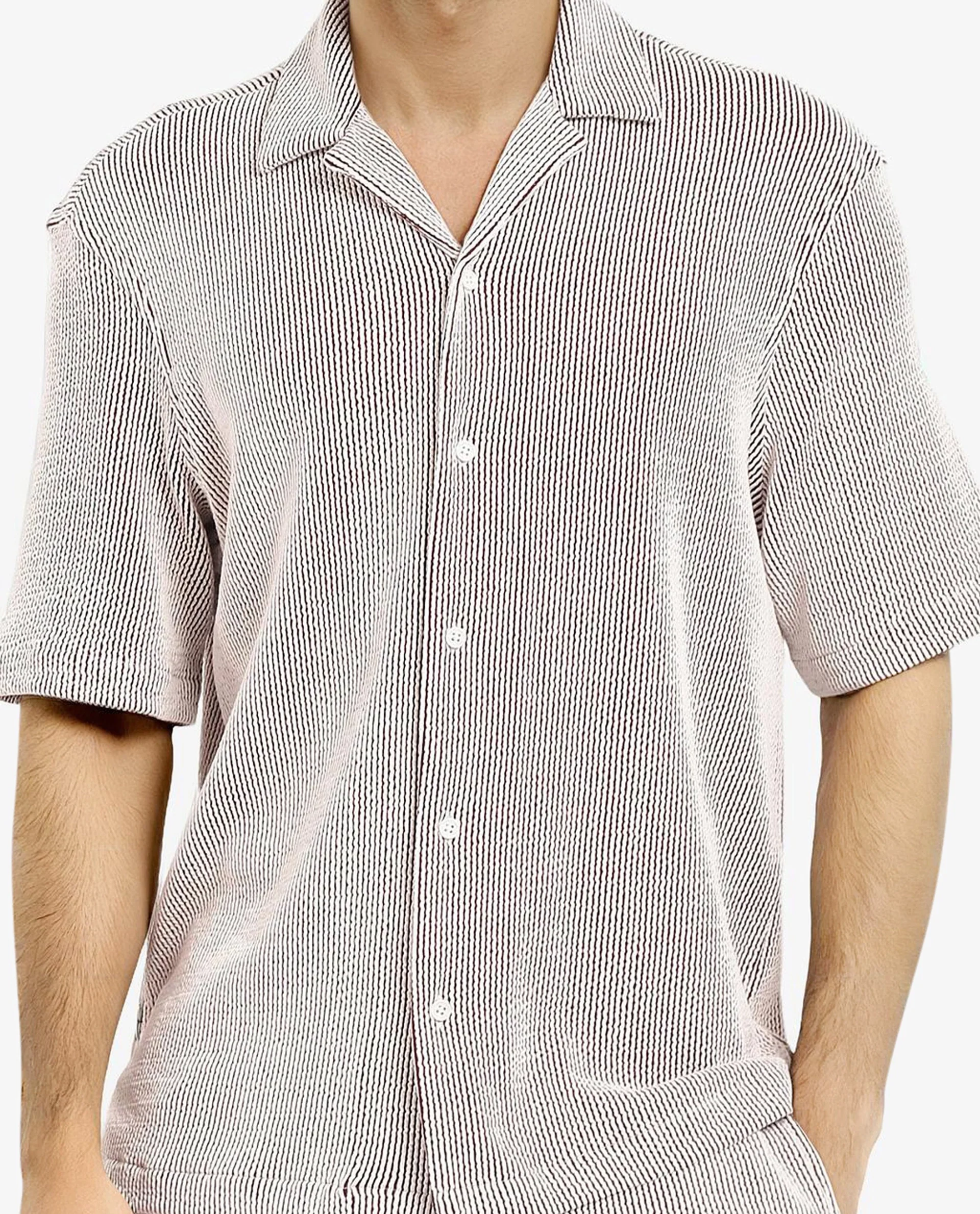 Rare Rabbit Men's Zavet-S Maroon Cotton Striped Print Boxy Fit Half Sleeve Cuban Collar Shirt - Image 8