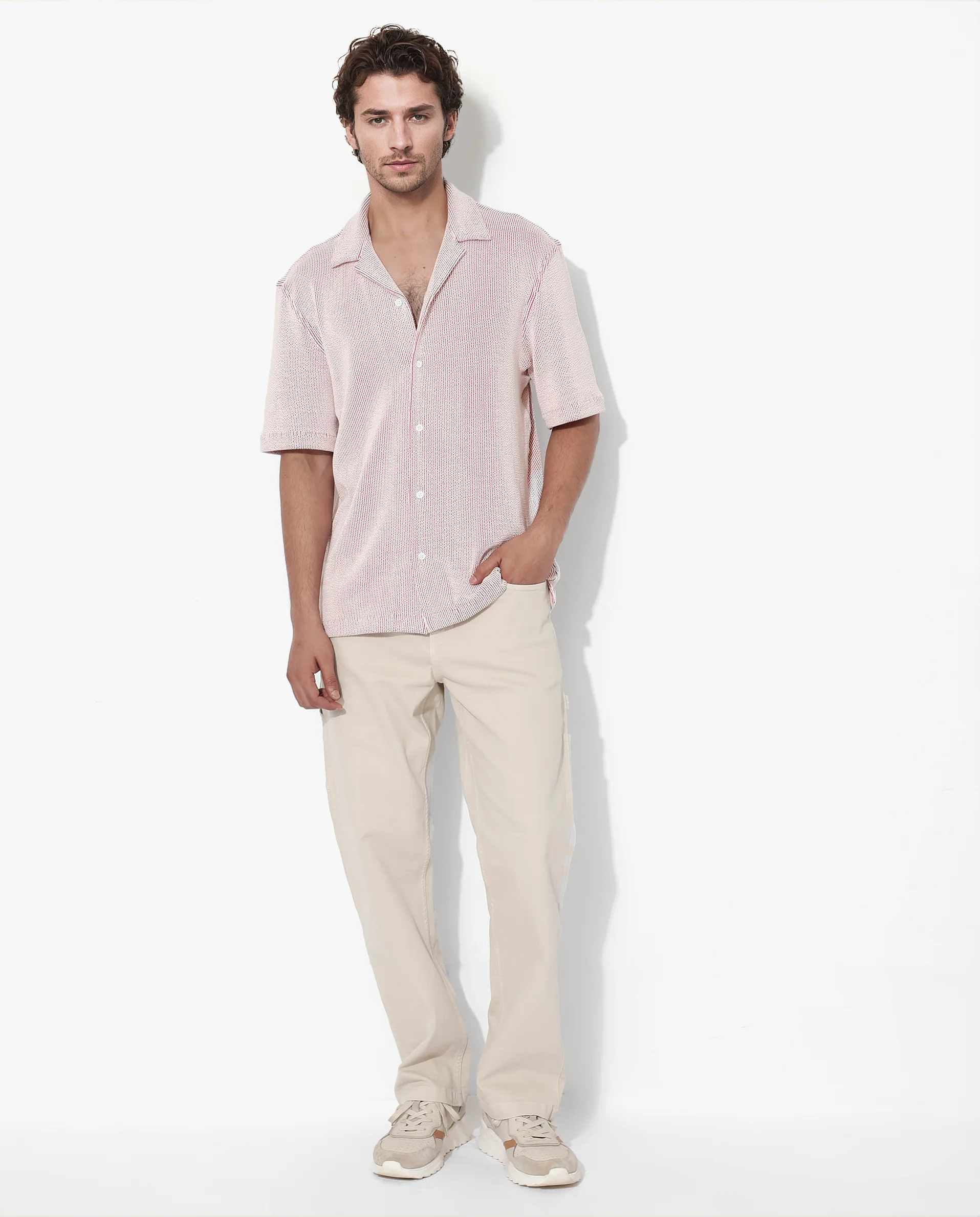 Rare Rabbit Men's Zavet-S Rust Cotton Striped Print Boxy Fit Half Sleeve Cuban Collar Shirt - Image 2