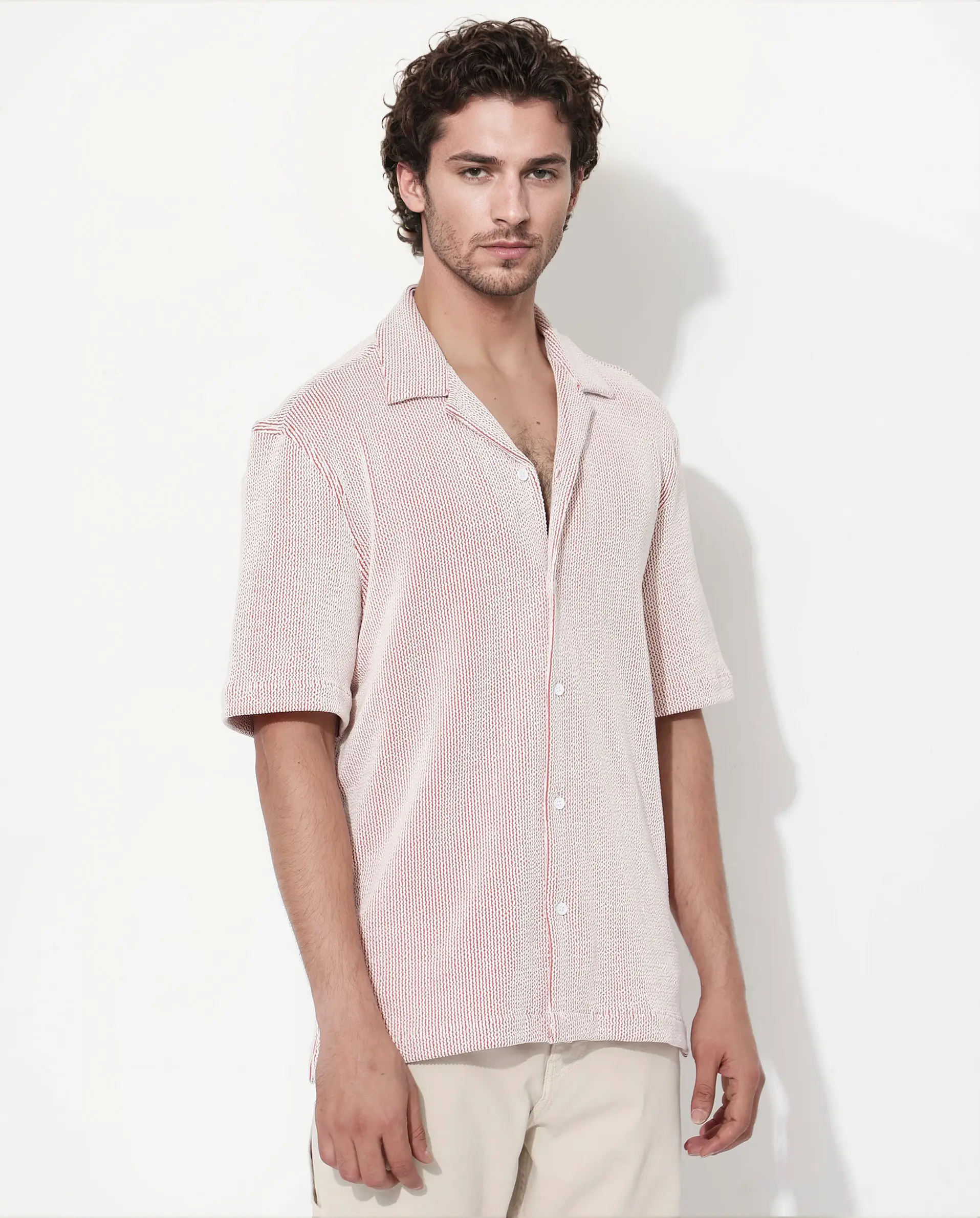 Rare Rabbit Men's Zavet-S Rust Cotton Striped Print Boxy Fit Half Sleeve Cuban Collar Shirt - Image 4