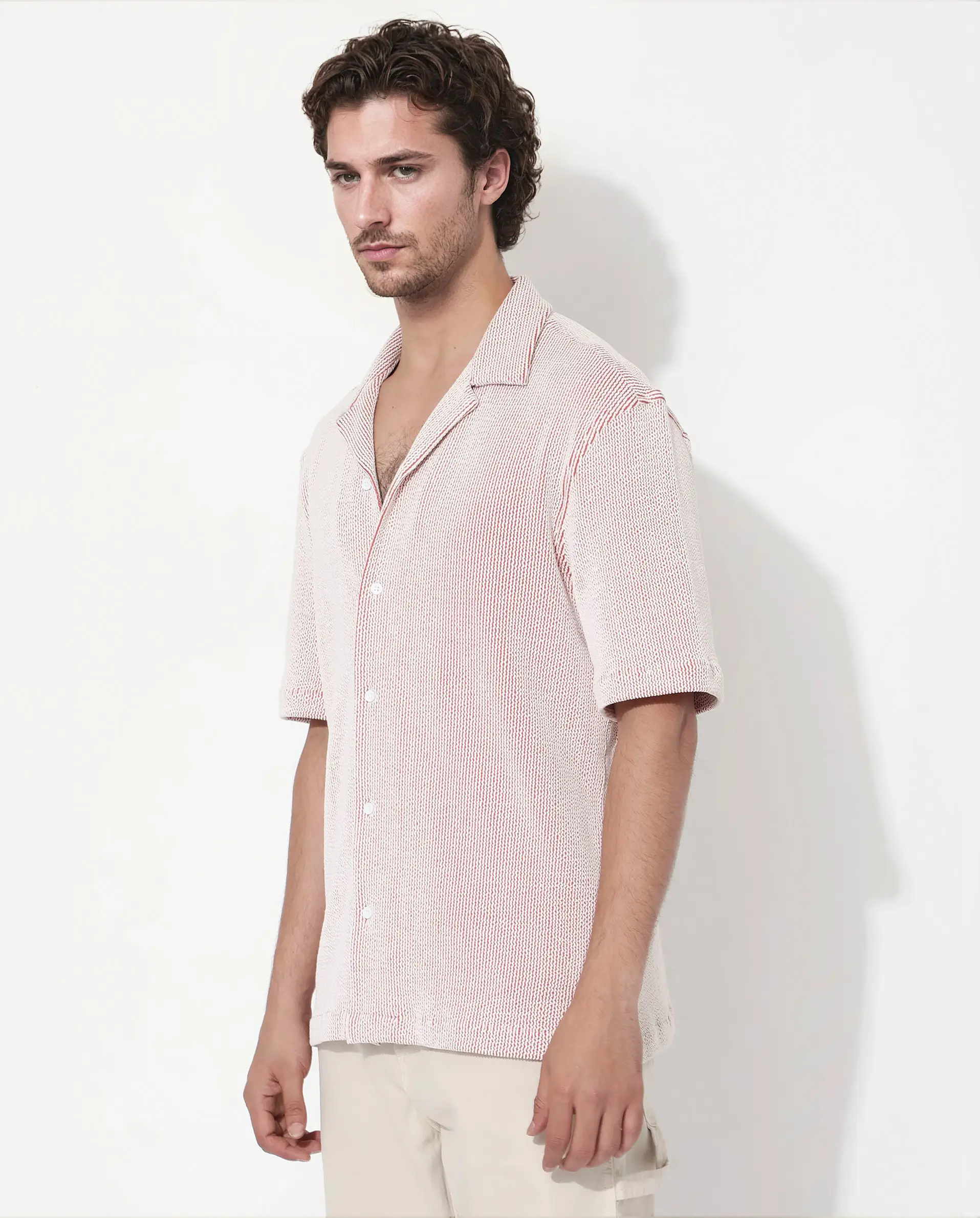 Rare Rabbit Men's Zavet-S Rust Cotton Striped Print Boxy Fit Half Sleeve Cuban Collar Shirt - Image 5