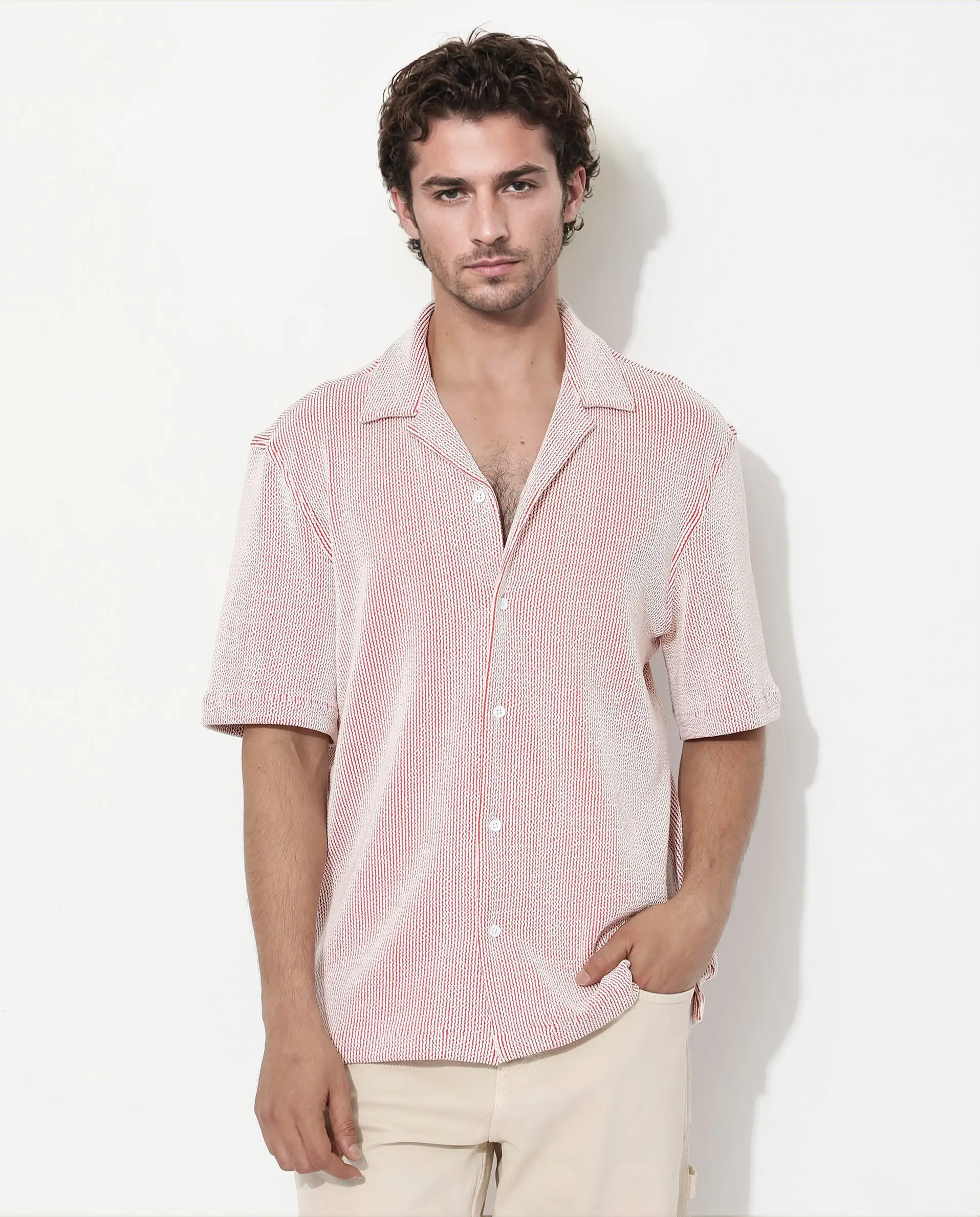 Rare Rabbit Men's Zavet-S Rust Cotton Striped Print Boxy Fit Half Sleeve Cuban Collar Shirt - Image 6
