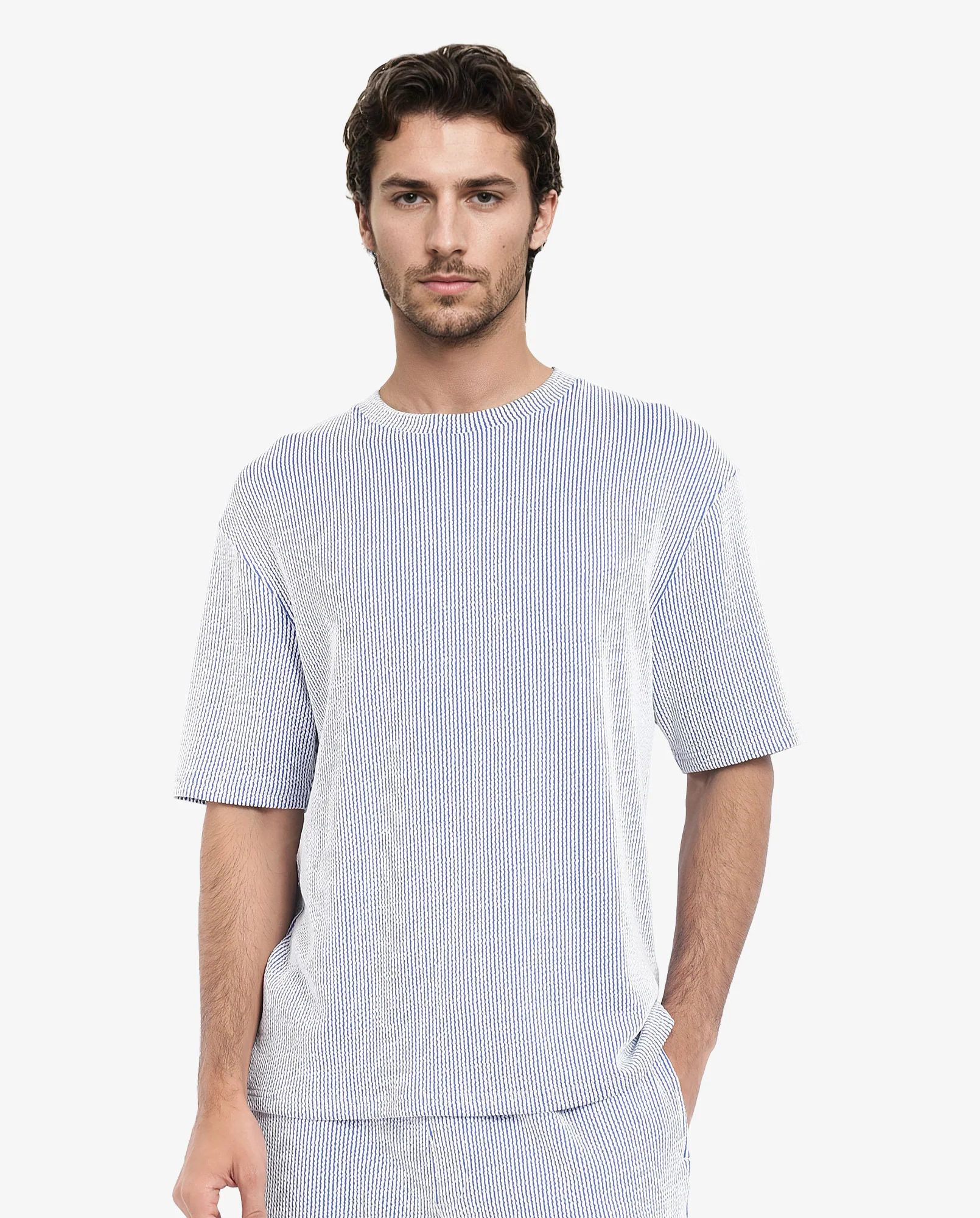 Rare Rabbit Men's Zavet-T Blue Cotton Blend Striped Print Oversized Fit Half Sleeve Crew Neck T-Shirt