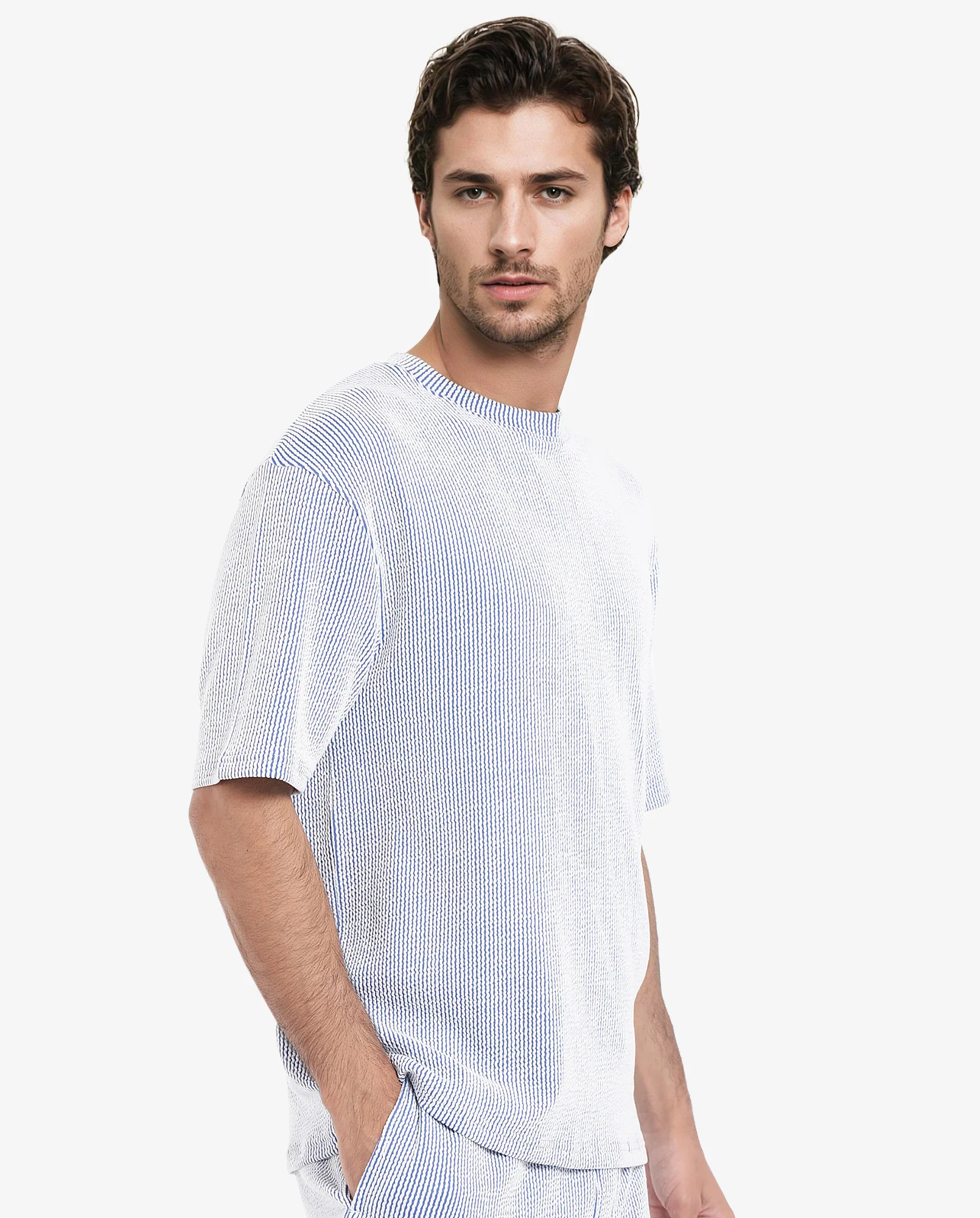 Rare Rabbit Men's Zavet-T Blue Cotton Blend Striped Print Oversized Fit Half Sleeve Crew Neck T-Shirt - Image 3