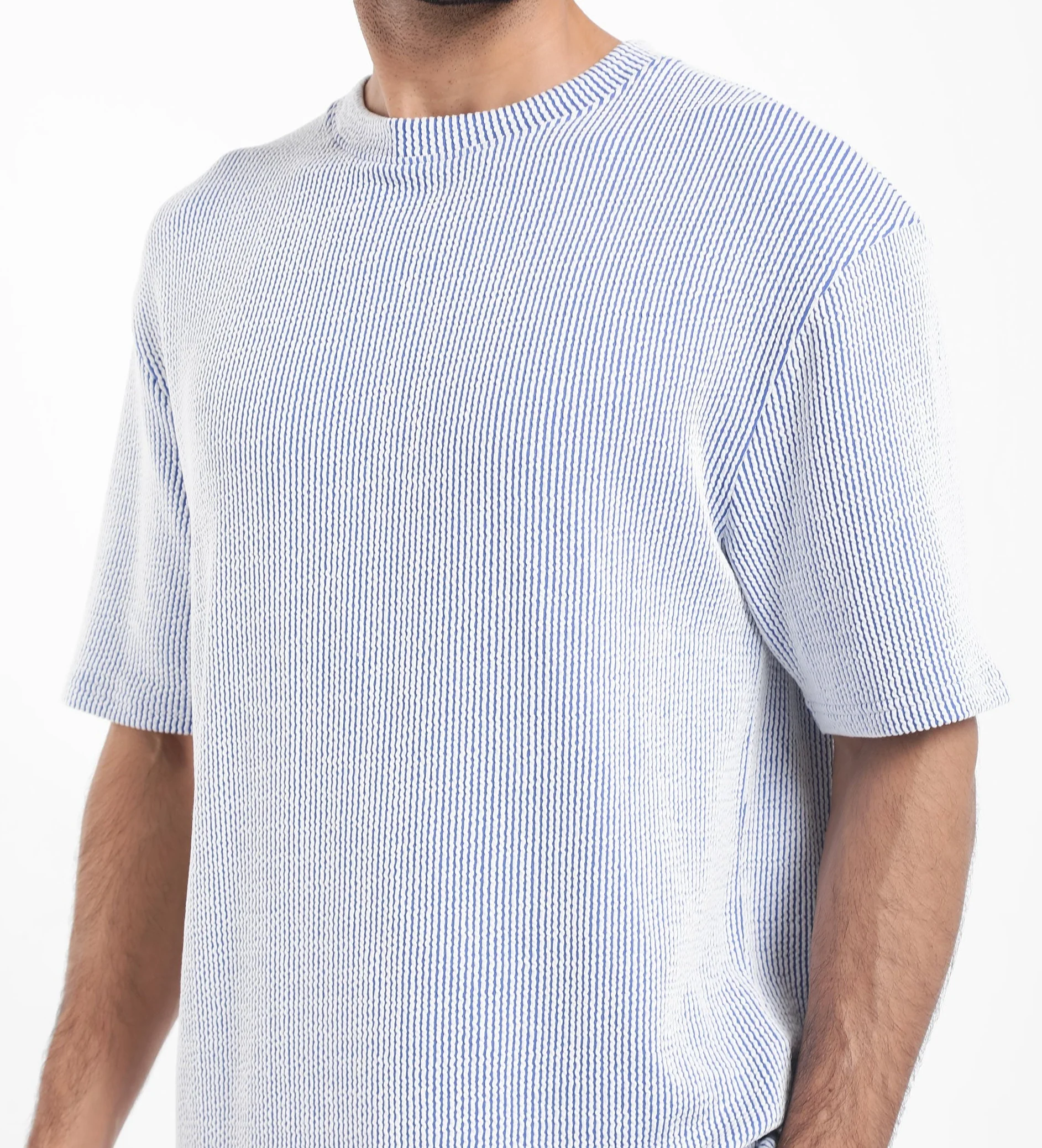 Rare Rabbit Men's Zavet-T Blue Cotton Blend Striped Print Oversized Fit Half Sleeve Crew Neck T-Shirt - Image 5