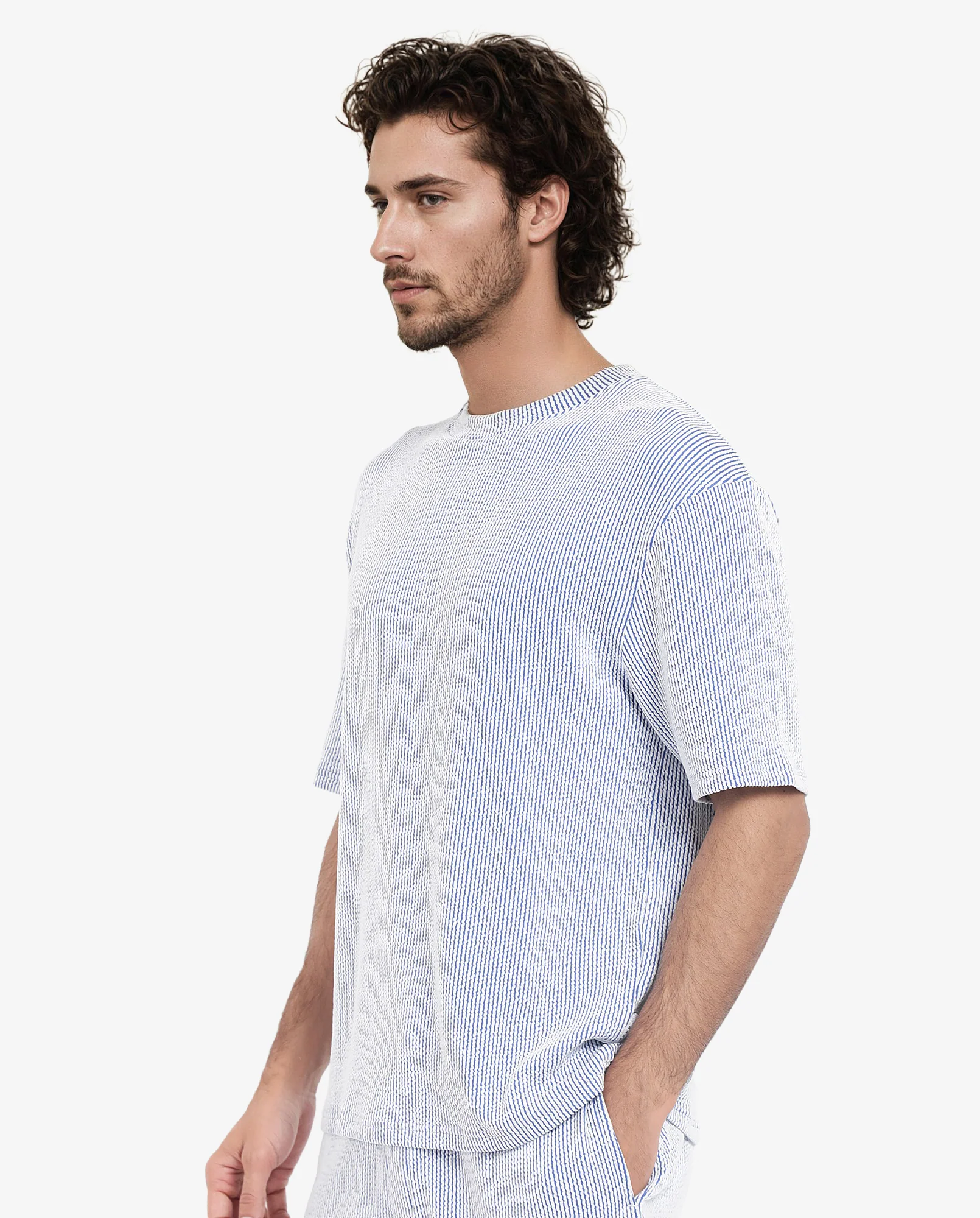 Rare Rabbit Men's Zavet-T Blue Cotton Blend Striped Print Oversized Fit Half Sleeve Crew Neck T-Shirt - Image 6
