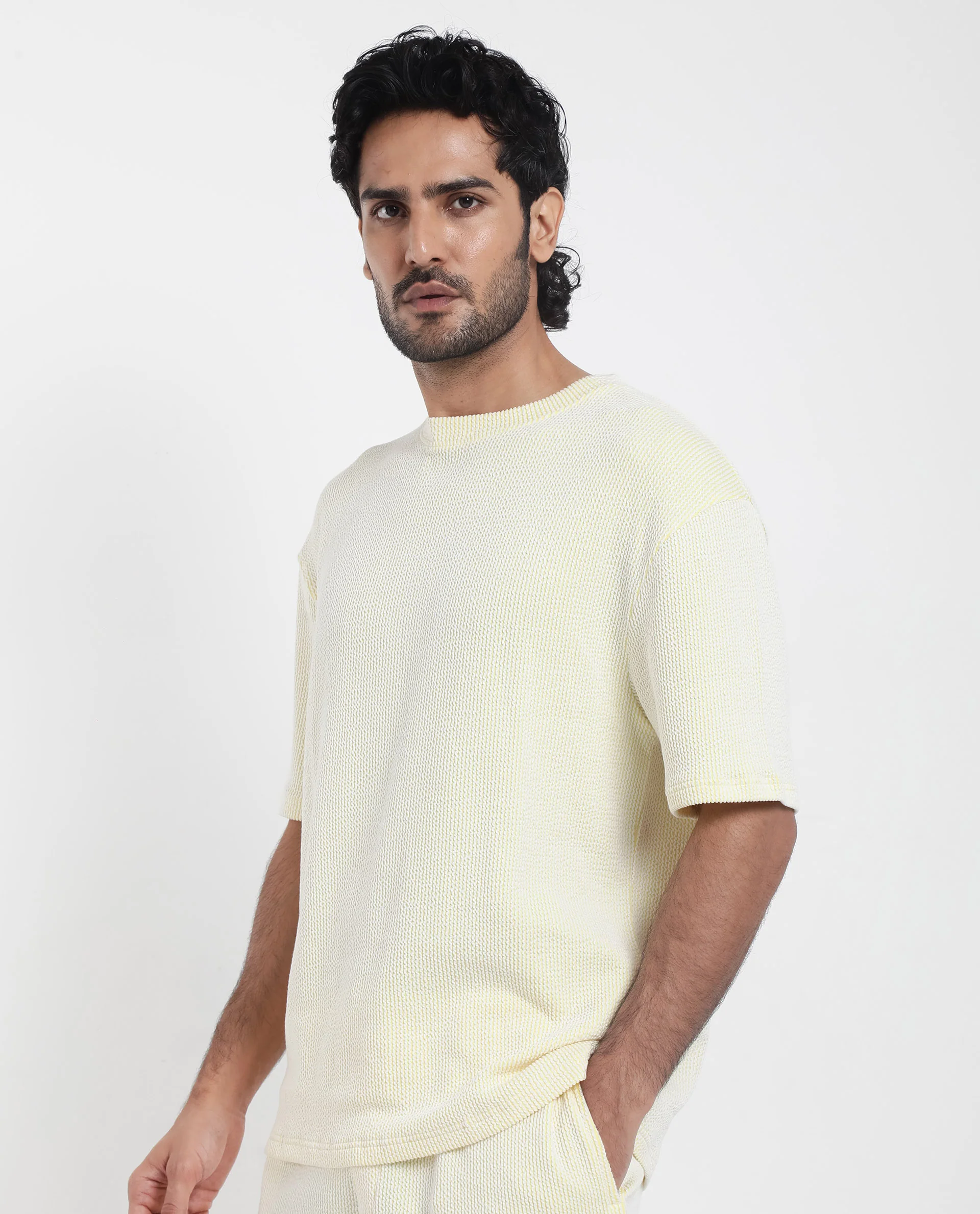 Rare Rabbit Men's Zavet-T Flouroscent Yellow Cotton Striped Print Oversized Fit Half Sleeve Crew Neck T-Shirt