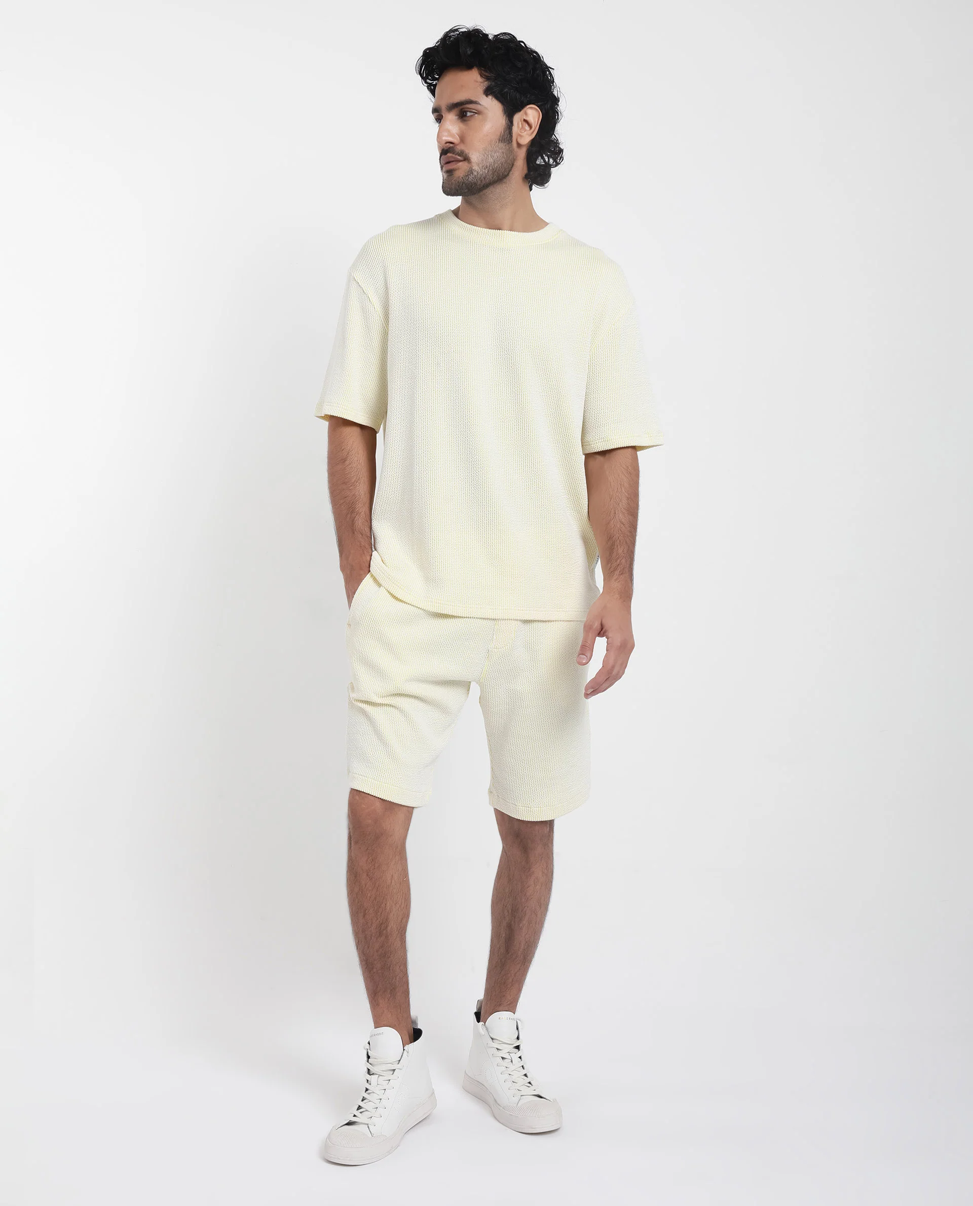 Rare Rabbit Men's Zavet-T Flouroscent Yellow Cotton Striped Print Oversized Fit Half Sleeve Crew Neck T-Shirt - Image 2