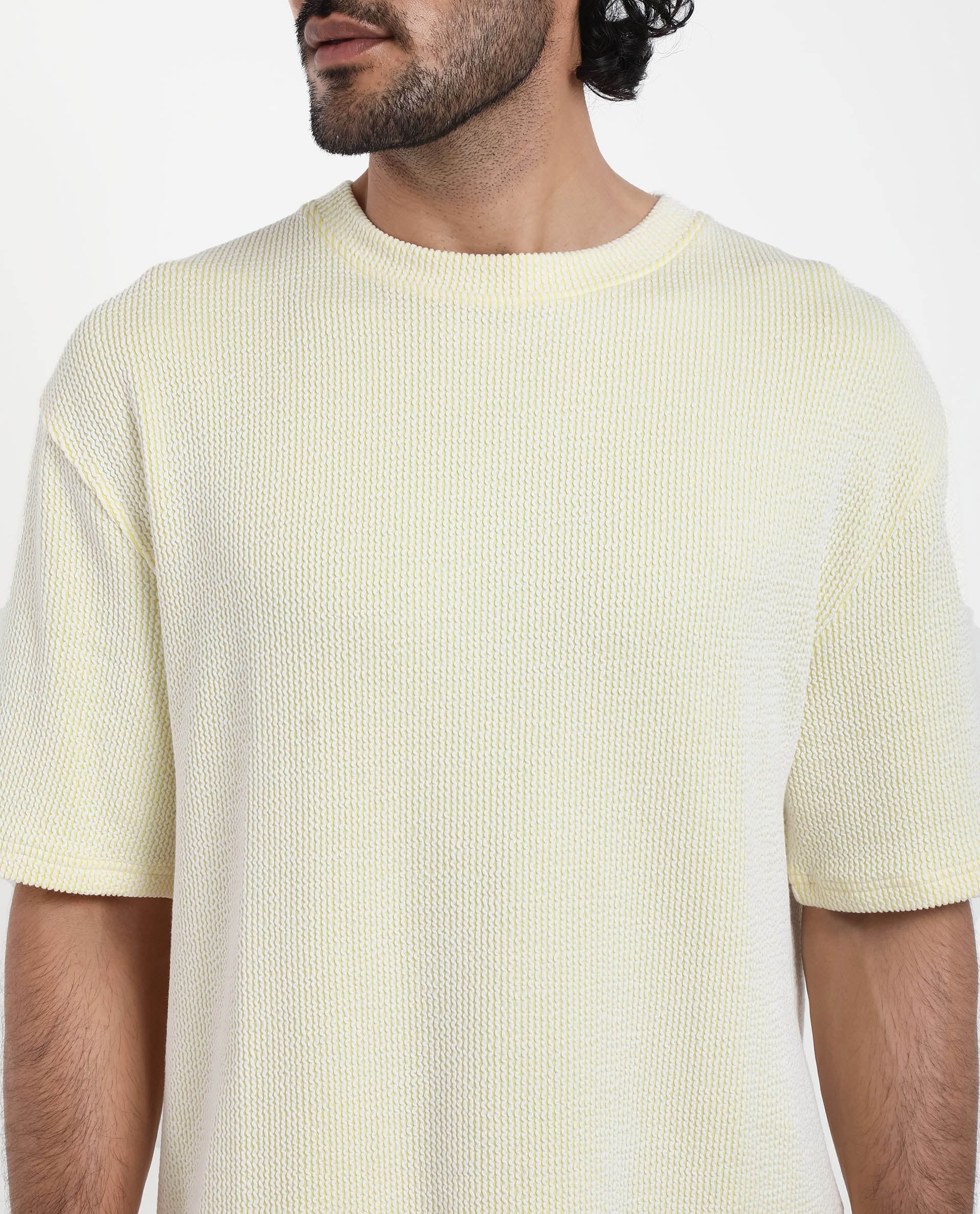 Rare Rabbit Men's Zavet-T Flouroscent Yellow Cotton Striped Print Oversized Fit Half Sleeve Crew Neck T-Shirt - Image 3