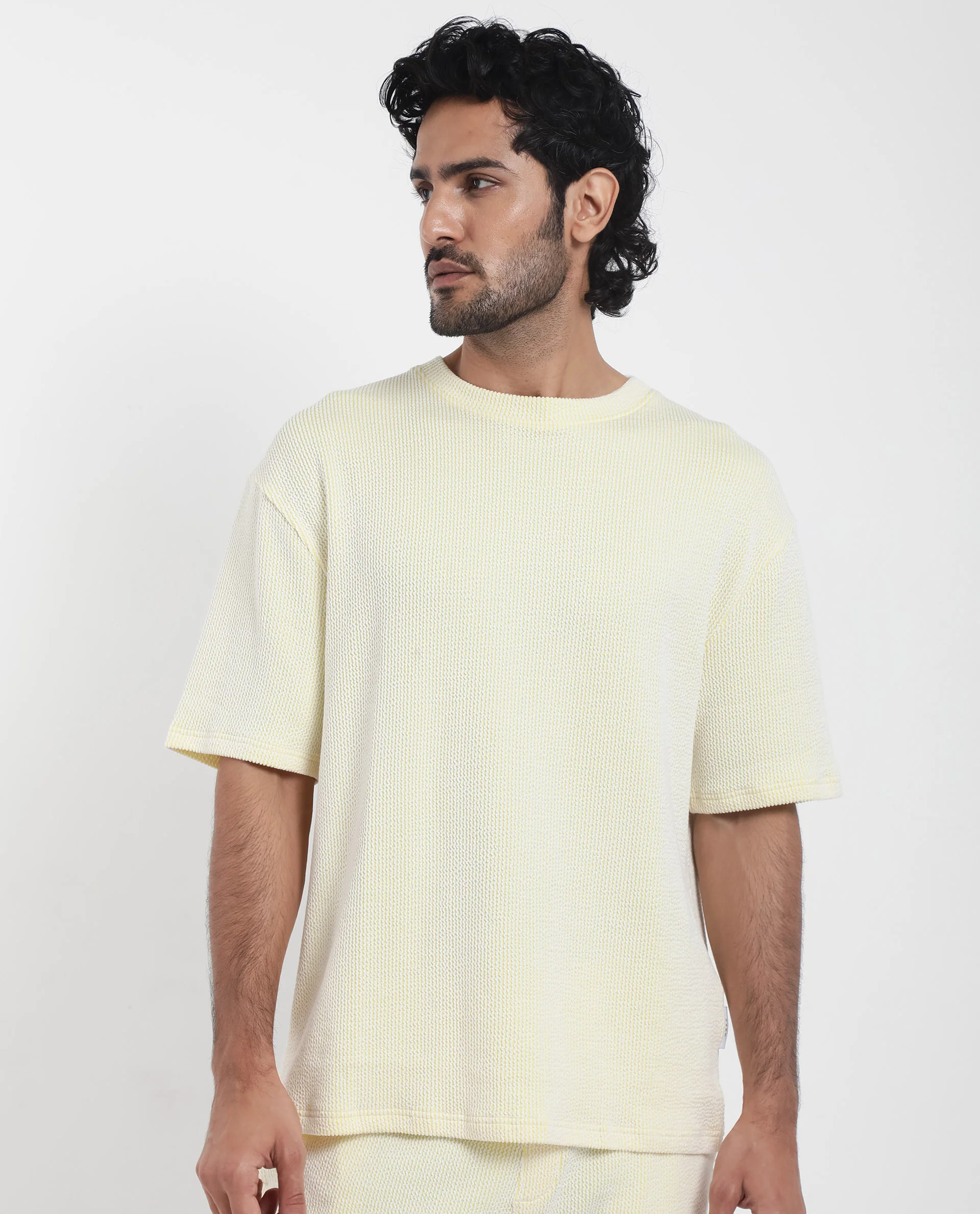 Rare Rabbit Men's Zavet-T Flouroscent Yellow Cotton Striped Print Oversized Fit Half Sleeve Crew Neck T-Shirt - Image 5