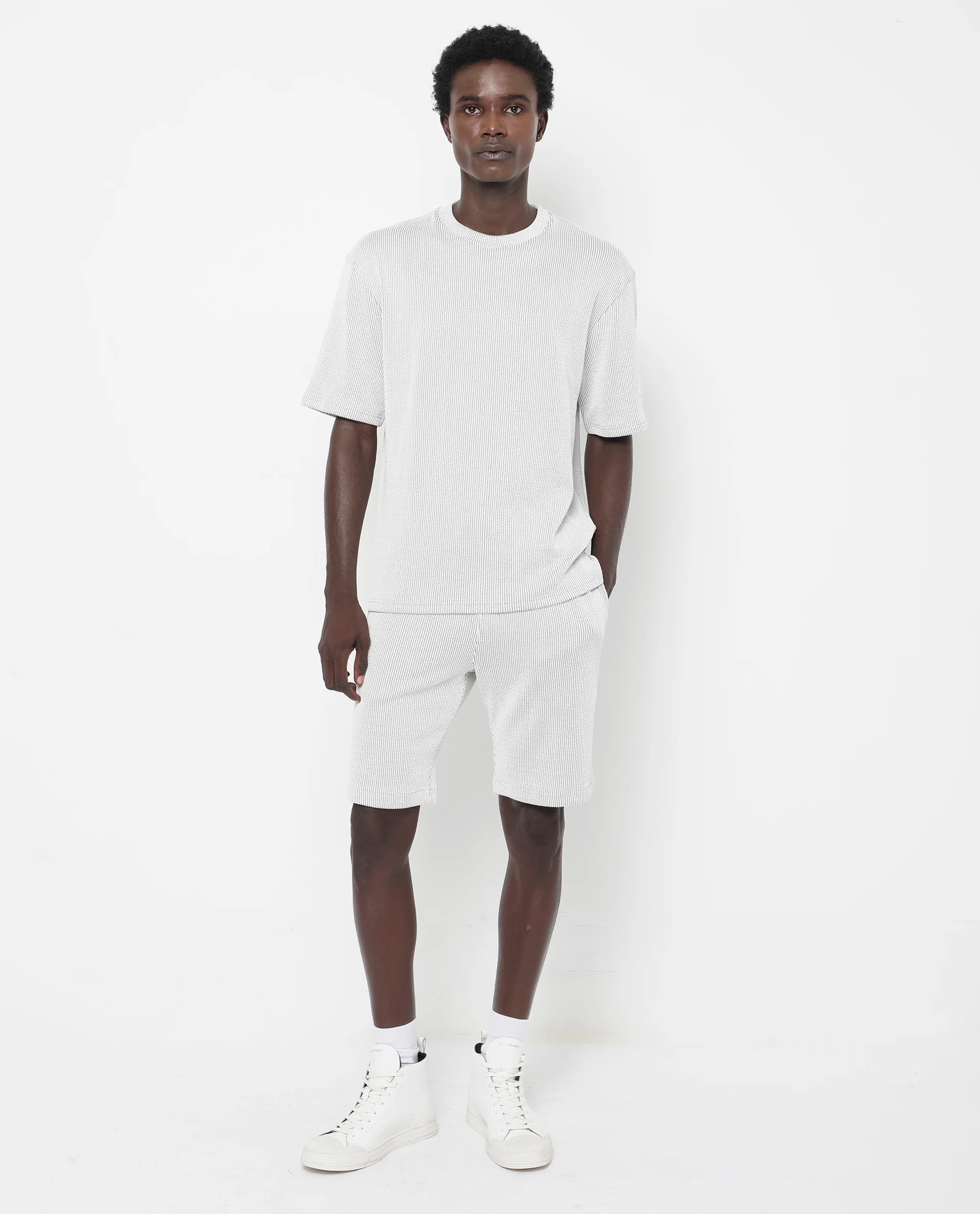 Rare Rabbit Men's Zavet-T Grey Cotton Blend Striped Print Oversized Fit Half Sleeve Crew Neck T-Shirt - Image 2