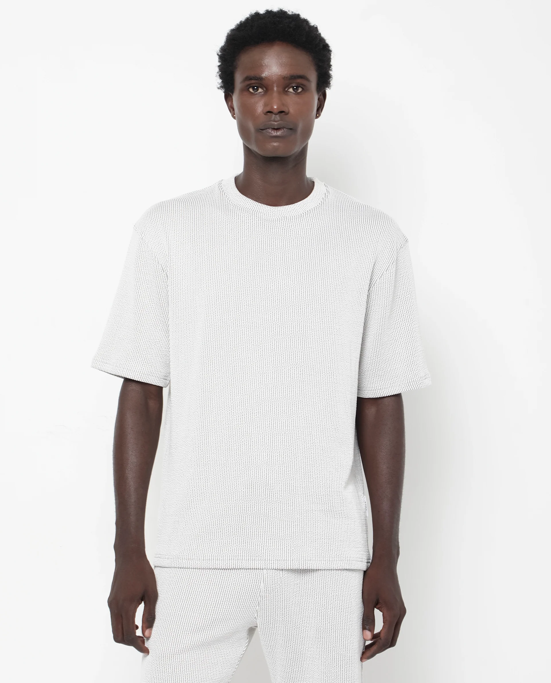 Rare Rabbit Men's Zavet-T Grey Cotton Blend Striped Print Oversized Fit Half Sleeve Crew Neck T-Shirt - Image 4