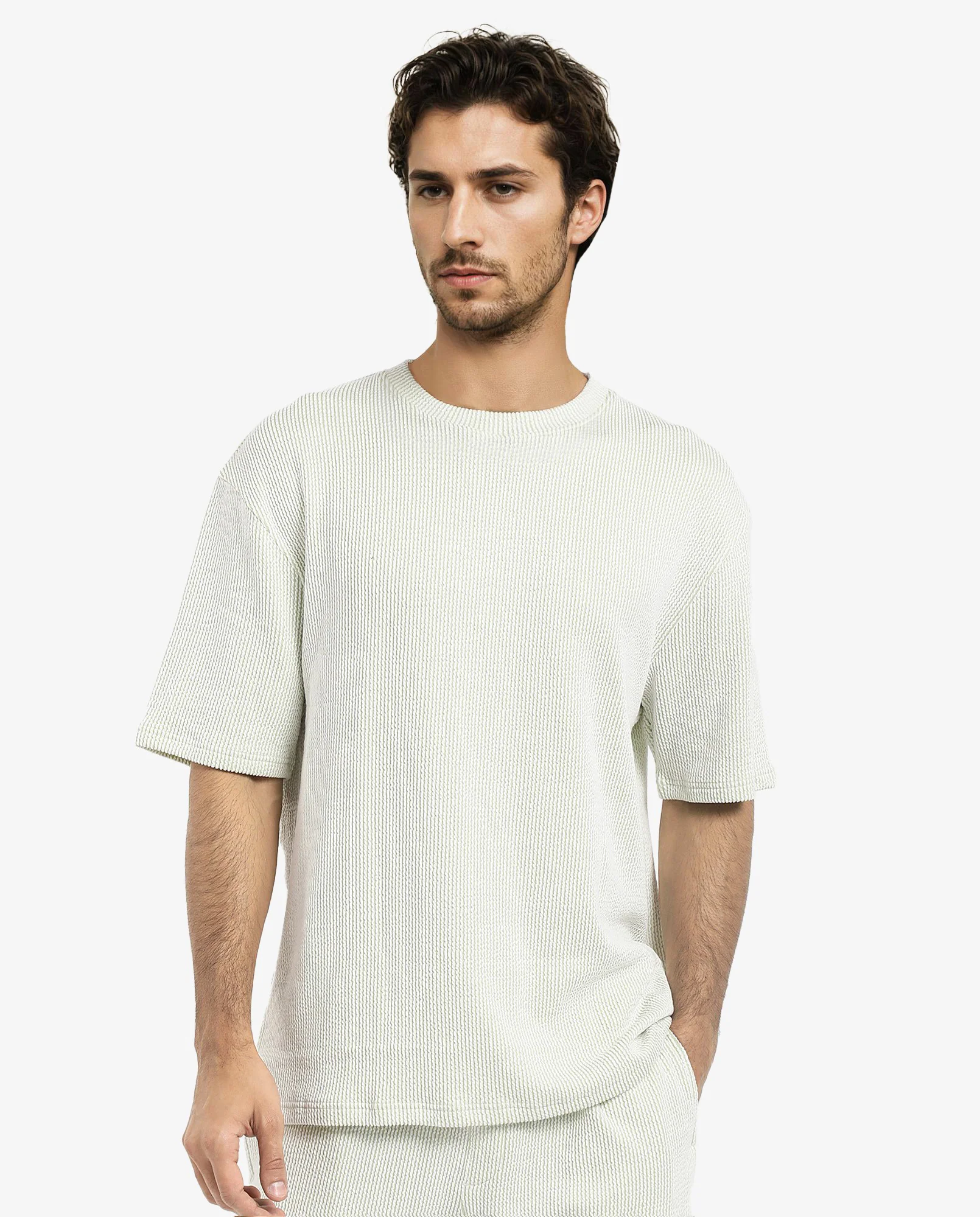 Rare Rabbit Men's Zavet-T Light Green Cotton Blend Striped Print Oversized Fit Half Sleeve Crew Neck T-Shirt