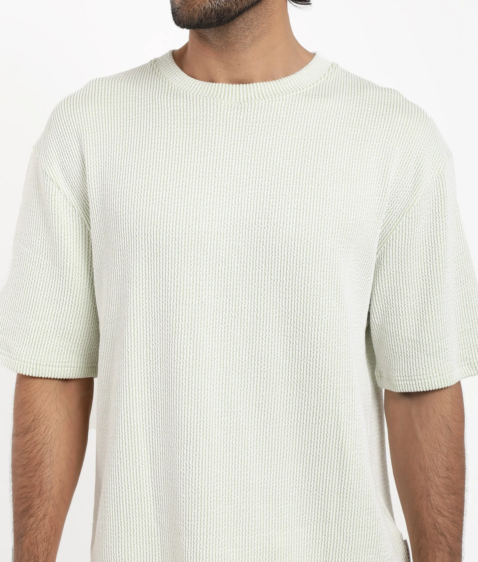 Rare Rabbit Men's Zavet-T Light Green Cotton Blend Striped Print Oversized Fit Half Sleeve Crew Neck T-Shirt - Image 4