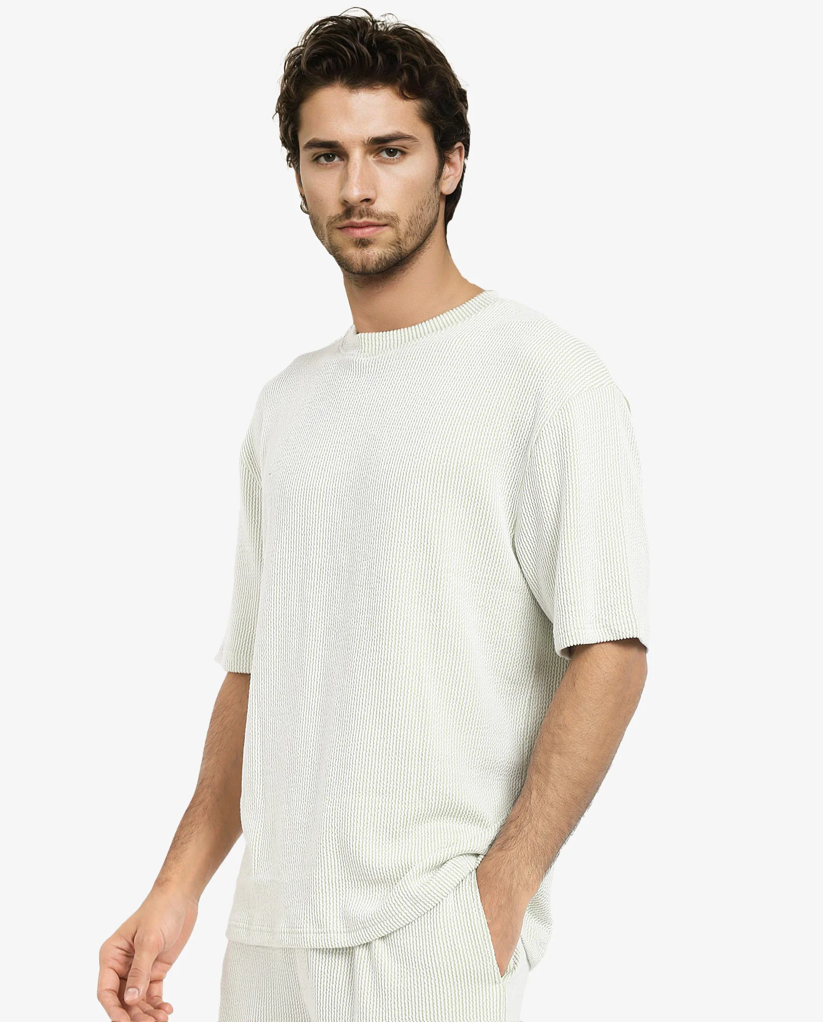 Rare Rabbit Men's Zavet-T Light Green Cotton Blend Striped Print Oversized Fit Half Sleeve Crew Neck T-Shirt - Image 5