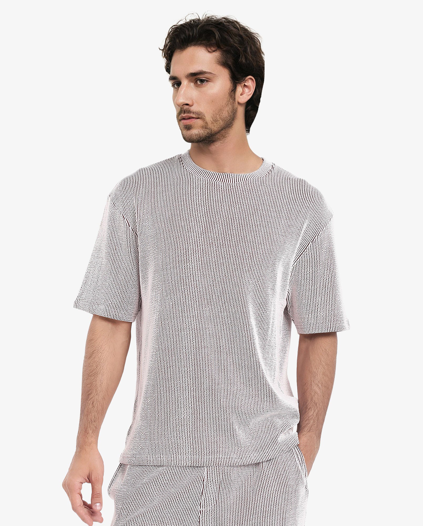Rare Rabbit Men's Zavet-T Maroon Cotton Blend Striped Print Oversized Fit Half Sleeve Crew Neck T-Shirt