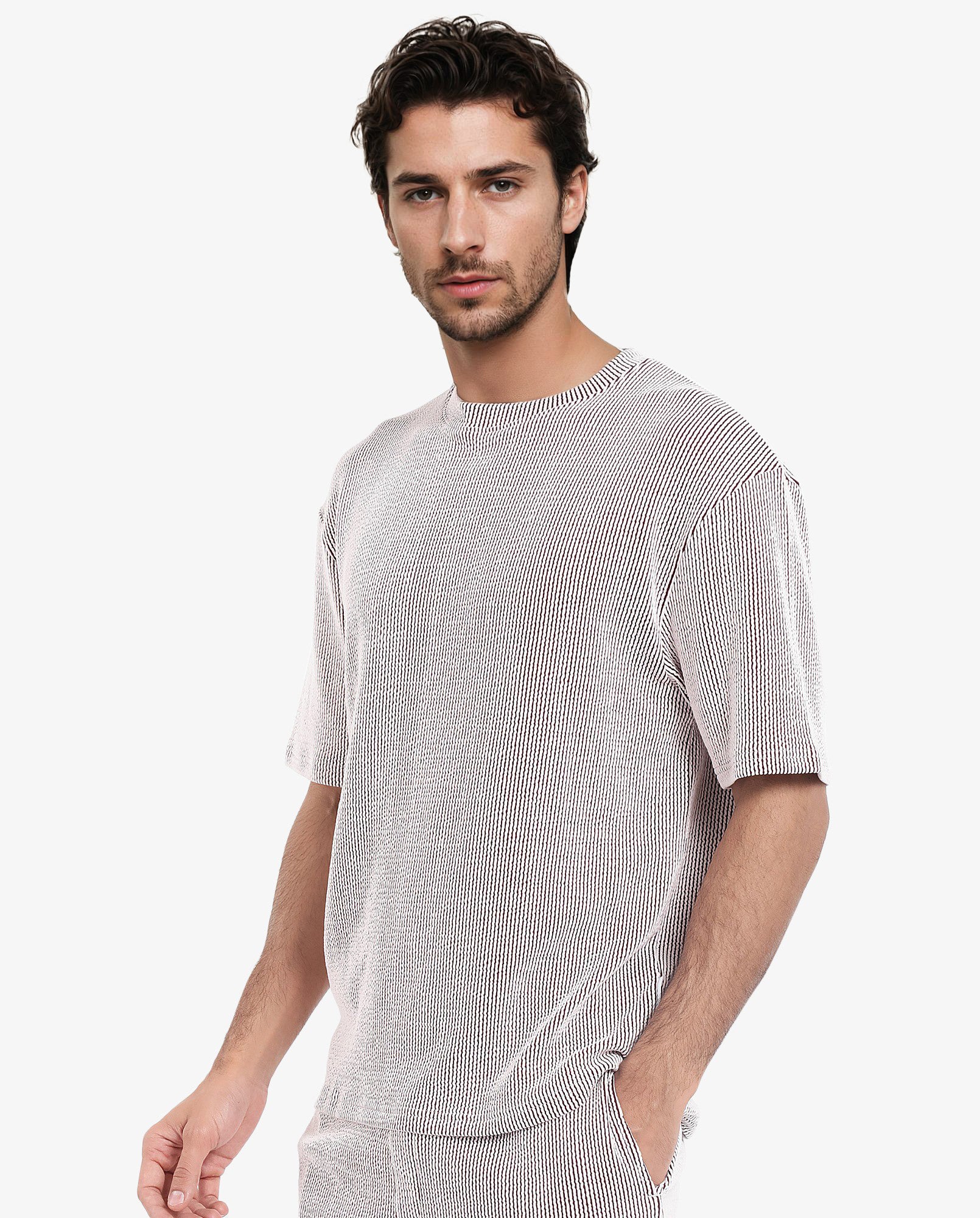 Rare Rabbit Men's Zavet-T Maroon Cotton Blend Striped Print Oversized Fit Half Sleeve Crew Neck T-Shirt - Image 3