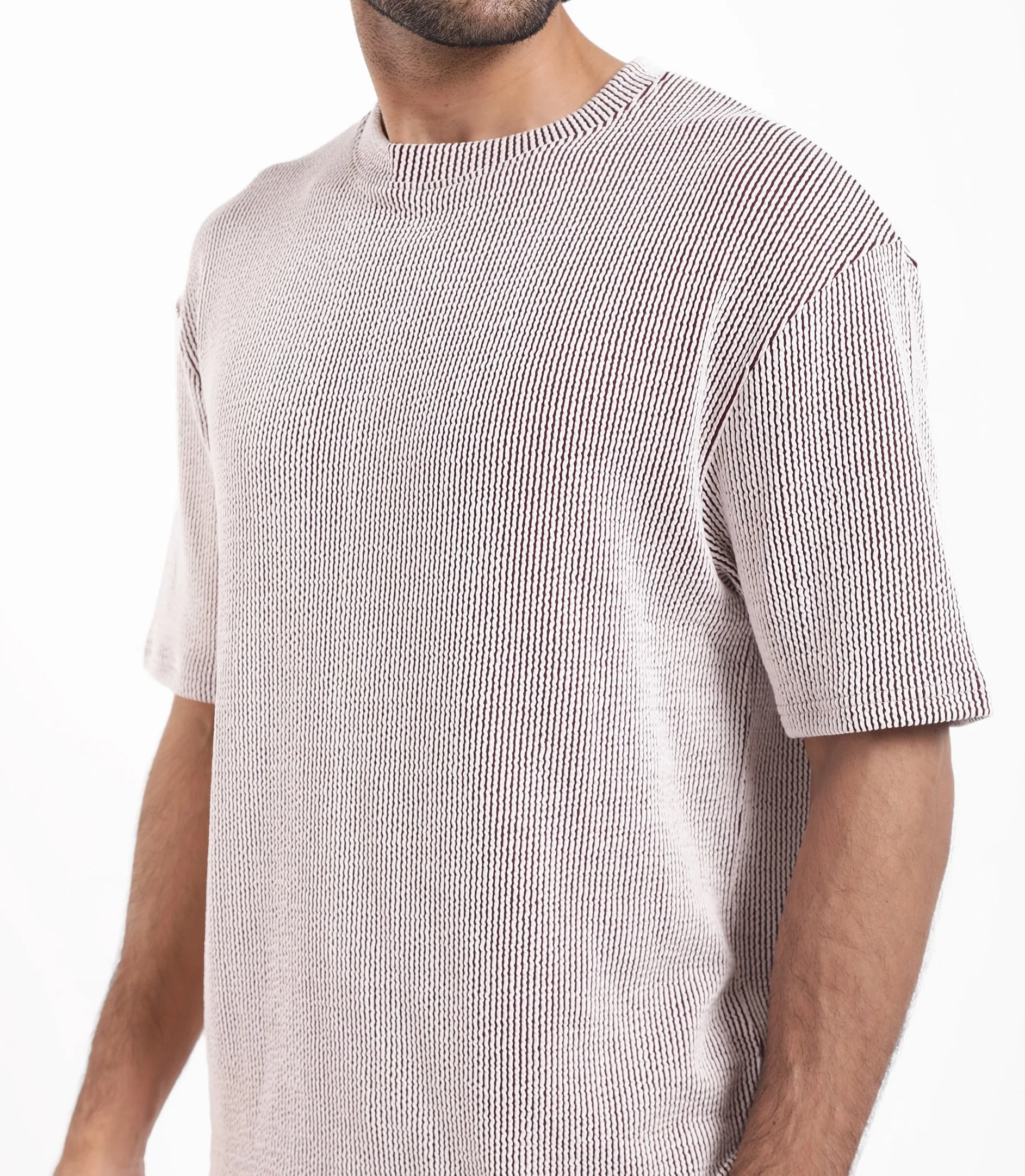 Rare Rabbit Men's Zavet-T Maroon Cotton Blend Striped Print Oversized Fit Half Sleeve Crew Neck T-Shirt - Image 4