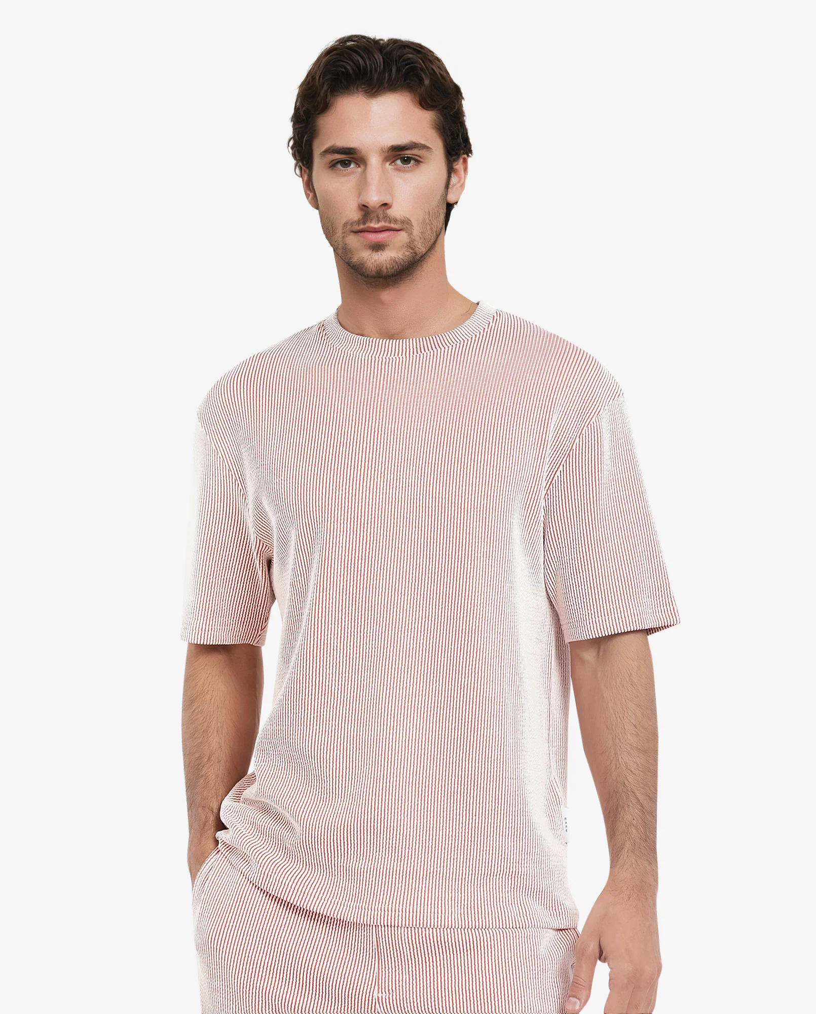 Rare Rabbit Men's Zavet-T Rust Cotton Blend Striped Print Oversized Fit Half Sleeve Crew Neck T-Shirt
