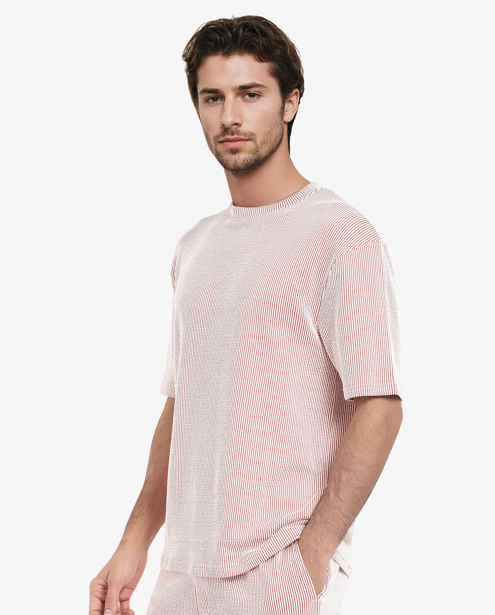 Rare Rabbit Men's Zavet-T Rust Cotton Blend Striped Print Oversized Fit Half Sleeve Crew Neck T-Shirt - Image 5