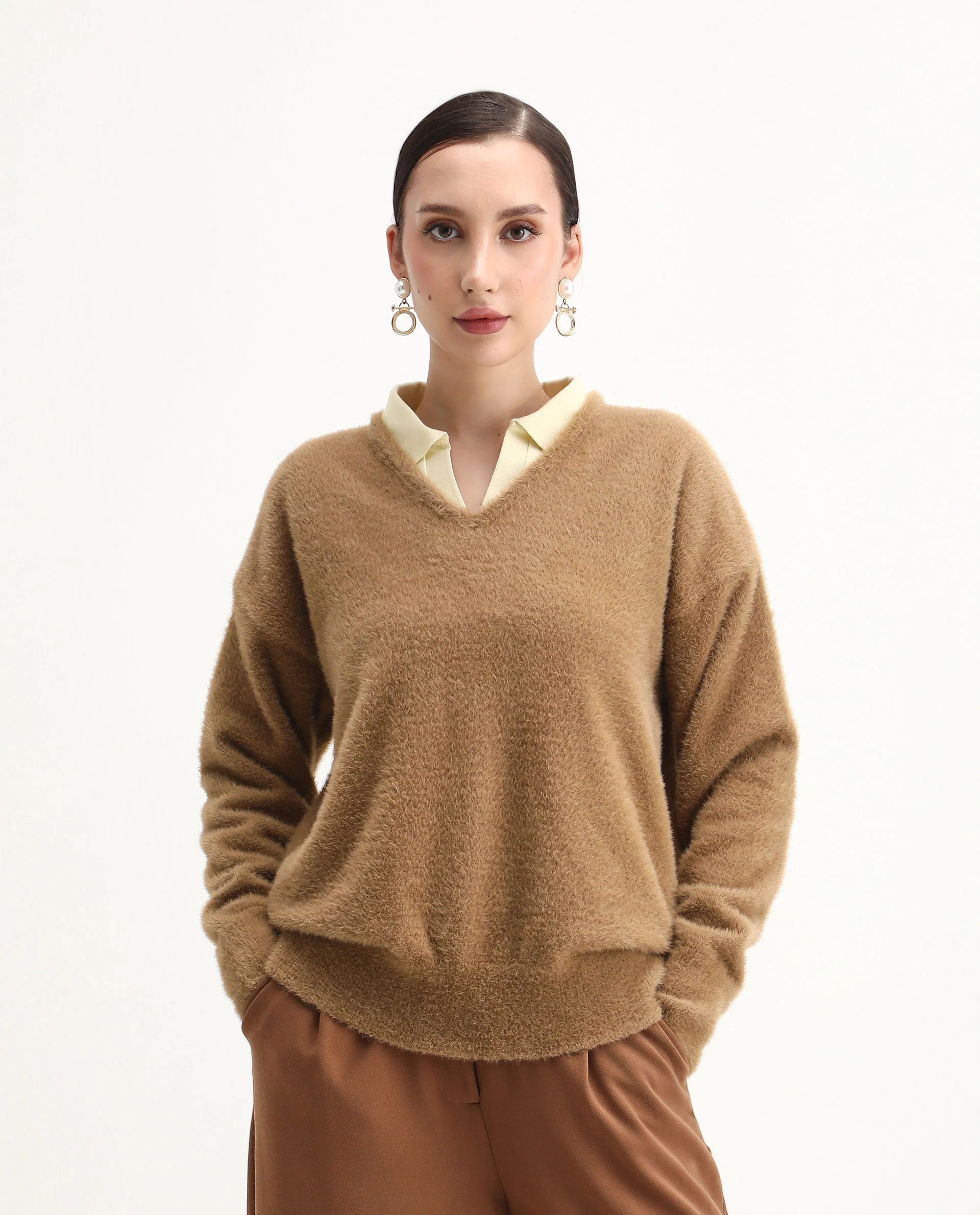 Rareism Women's Zavi Khaki Nylon V-Neck Relaxed Fit Sweater - Image 3