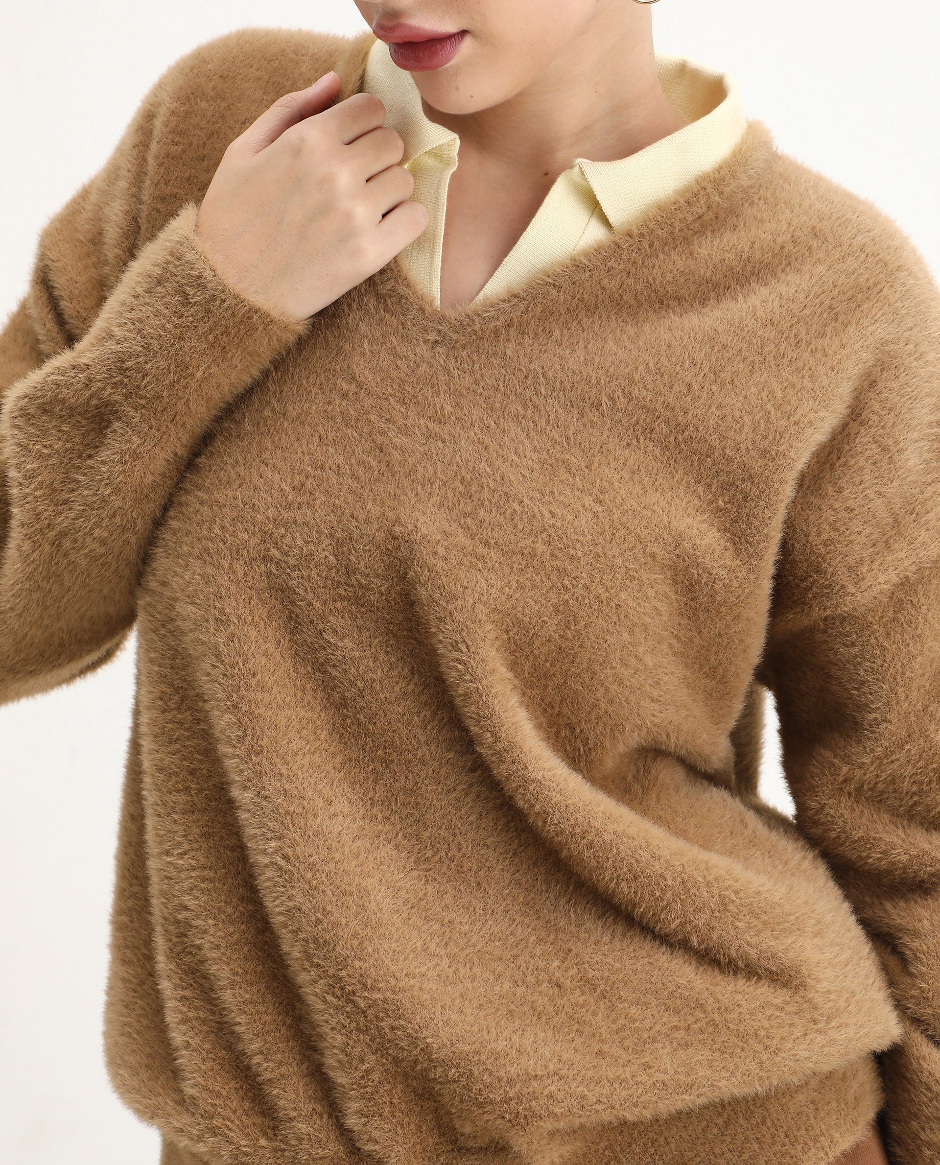 Rareism Women's Zavi Khaki Nylon V-Neck Relaxed Fit Sweater - Image 4