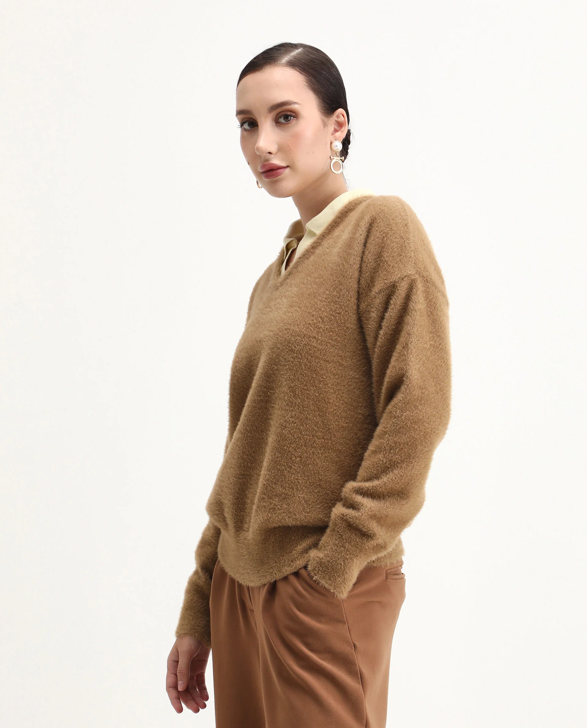 Rareism Women's Zavi Khaki Nylon V-Neck Relaxed Fit Sweater - Image 5