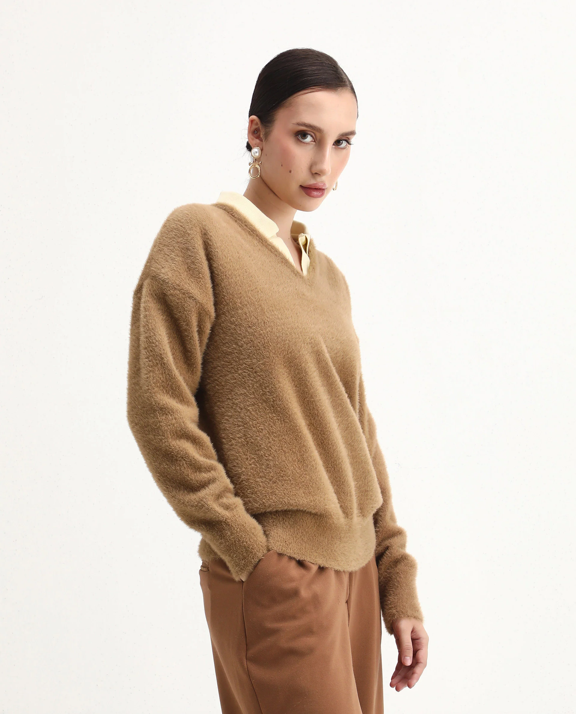 Rareism Women's Zavi Khaki Nylon V-Neck Relaxed Fit Sweater - Image 6