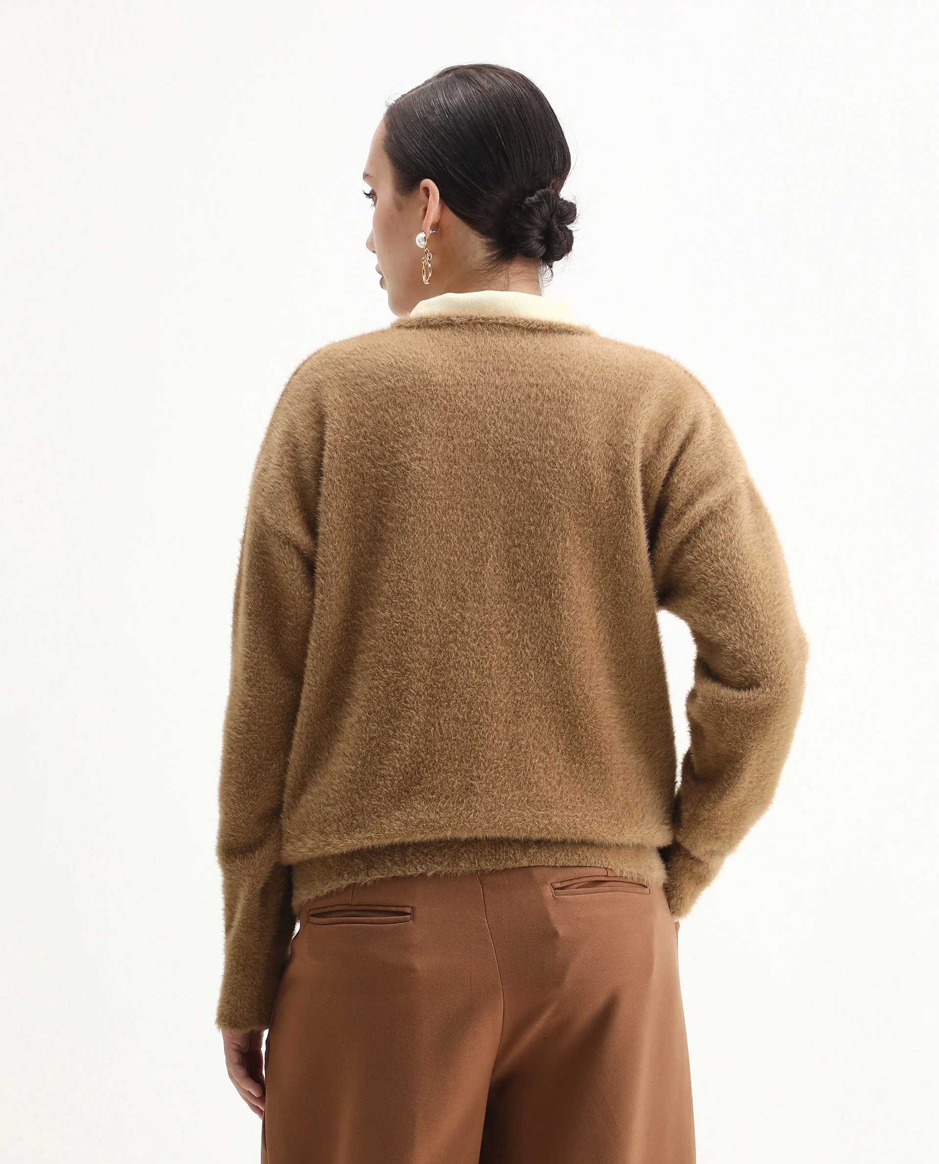 Rareism Women's Zavi Khaki Nylon V-Neck Relaxed Fit Sweater - Image 7