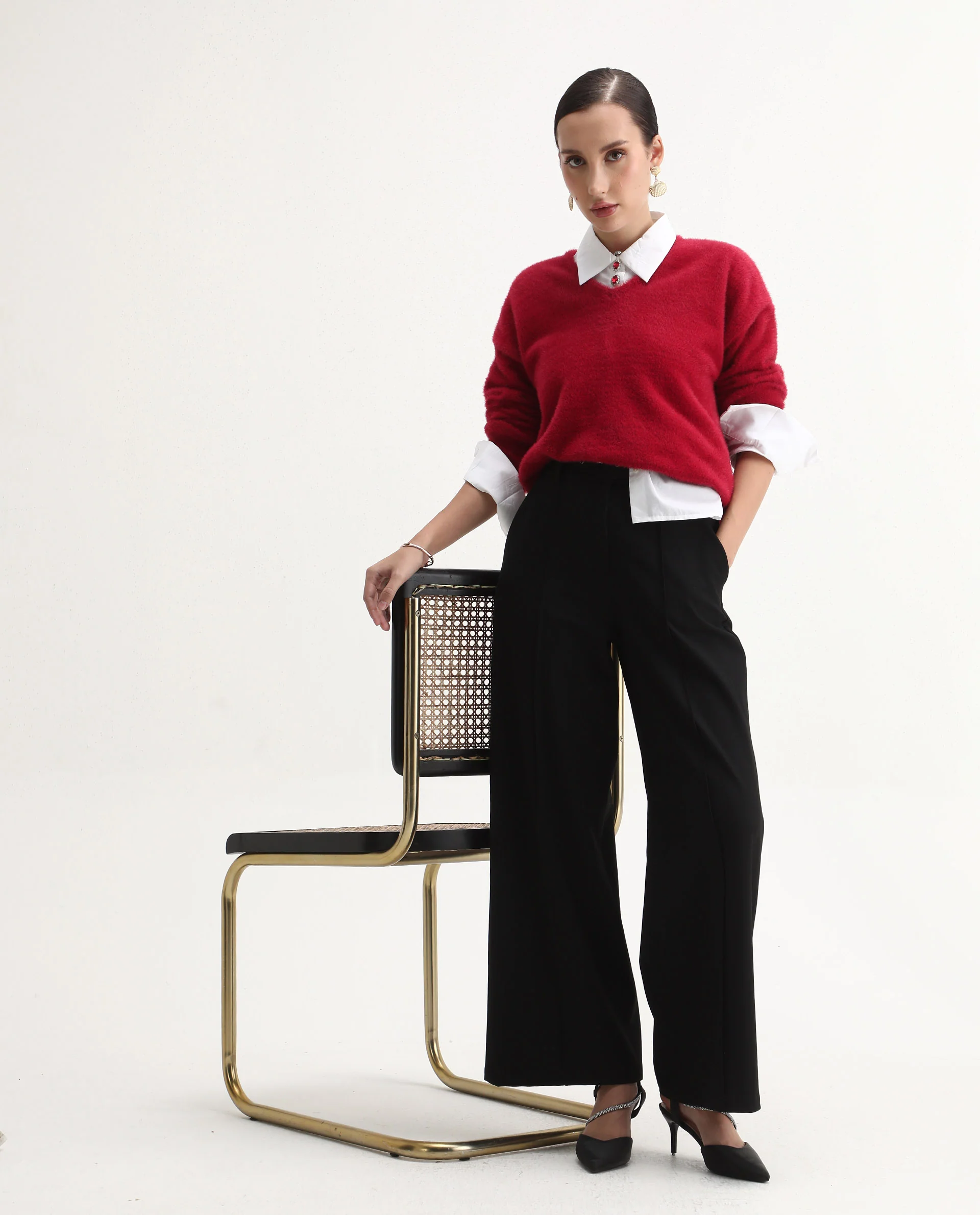 Rareism Women's Zavi Red Nylon V-Neck Relaxed Fit Sweater - Image 2