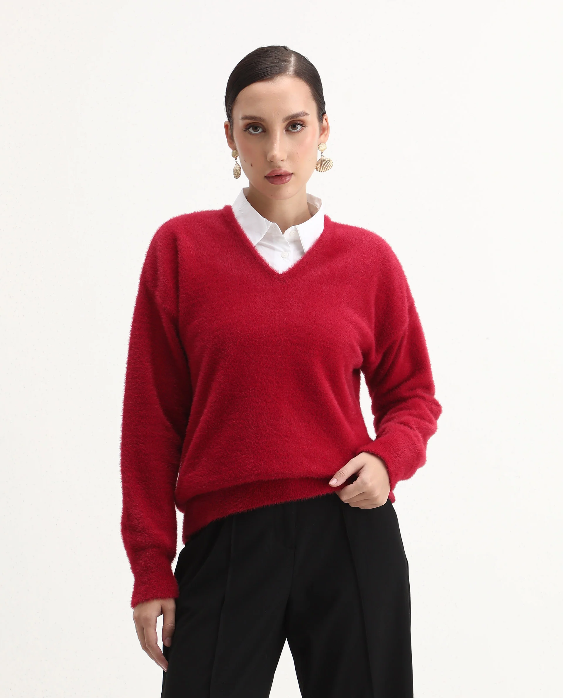 Rareism Women's Zavi Red Nylon V-Neck Relaxed Fit Sweater - Image 3