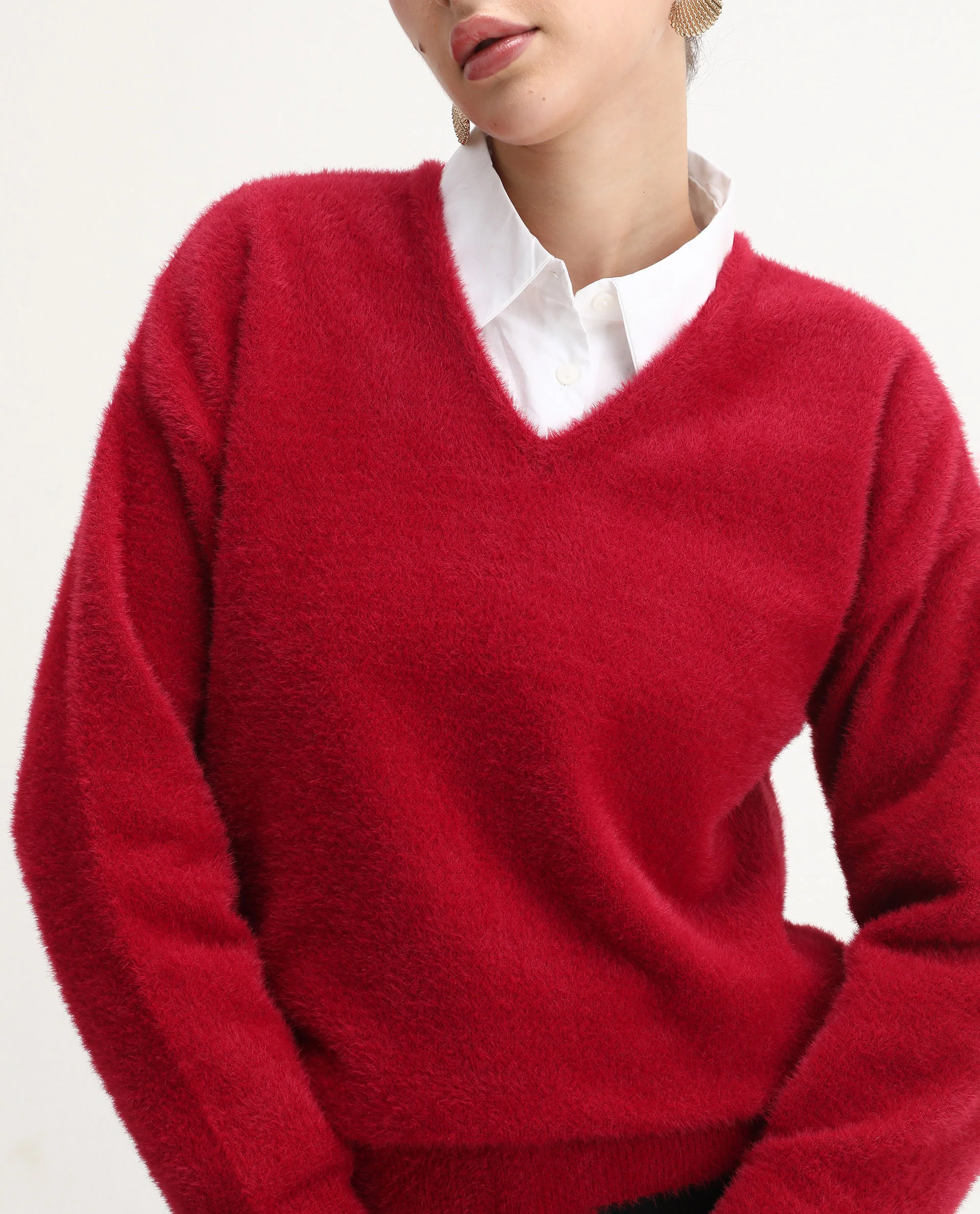 Rareism Women's Zavi Red Nylon V-Neck Relaxed Fit Sweater - Image 4