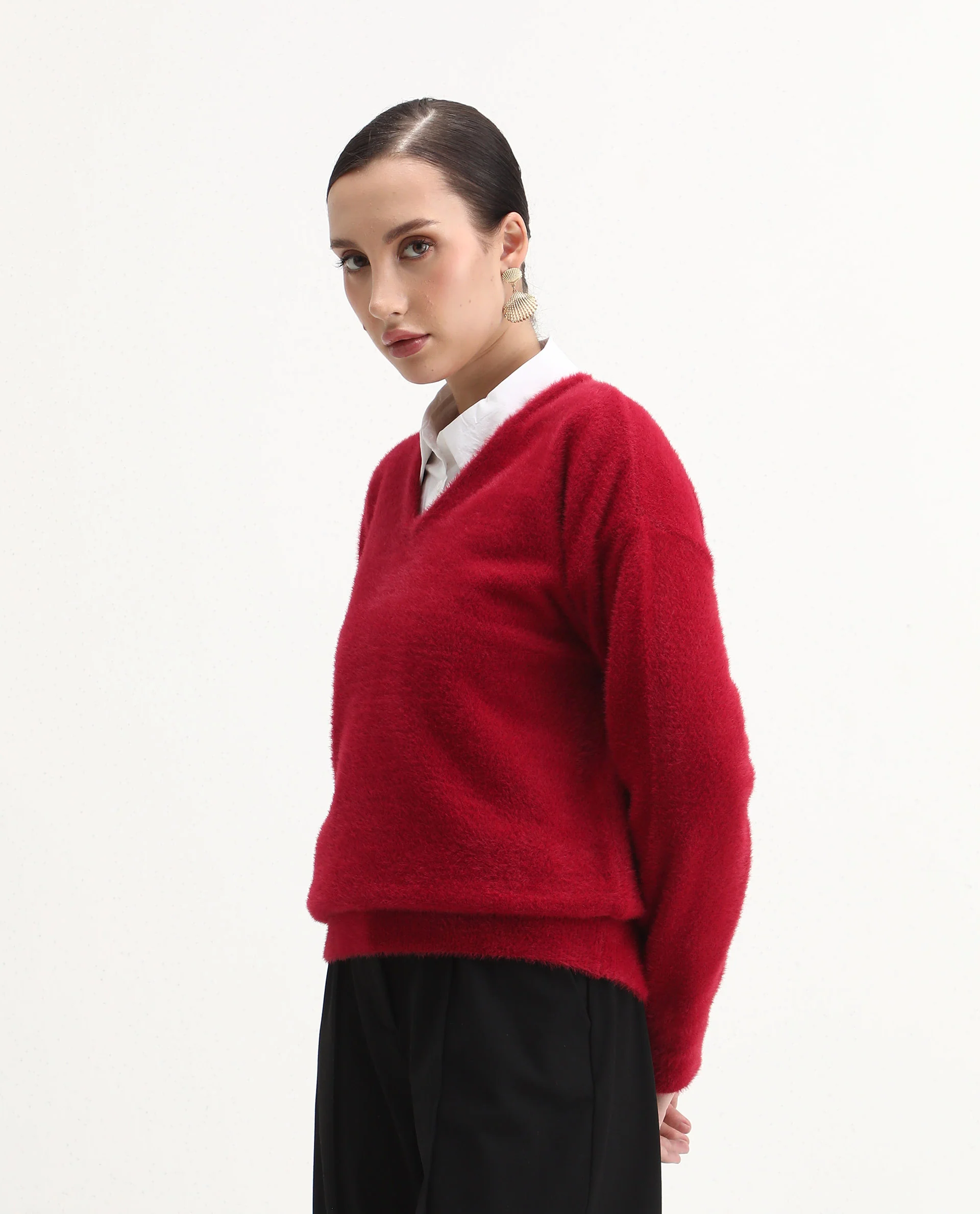 Rareism Women's Zavi Red Nylon V-Neck Relaxed Fit Sweater - Image 5