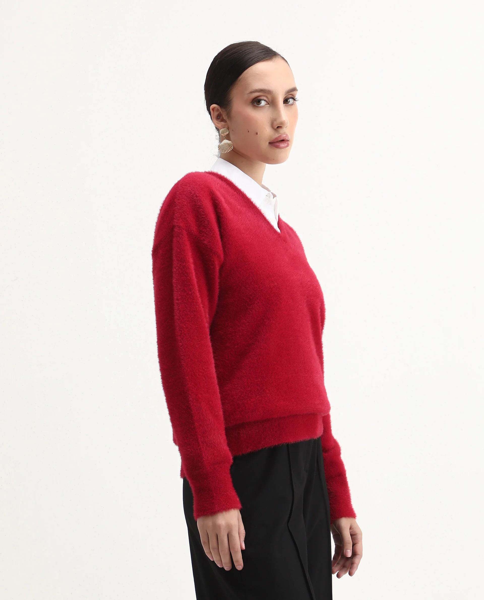 Rareism Women's Zavi Red Nylon V-Neck Relaxed Fit Sweater - Image 6