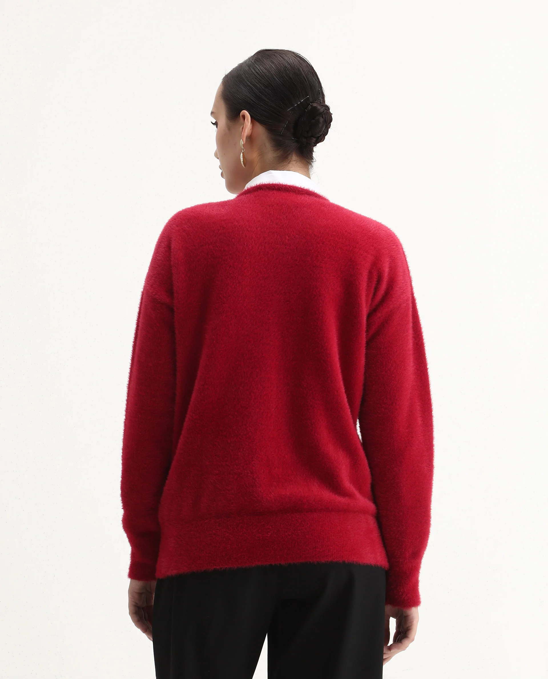 Rareism Women's Zavi Red Nylon V-Neck Relaxed Fit Sweater - Image 7