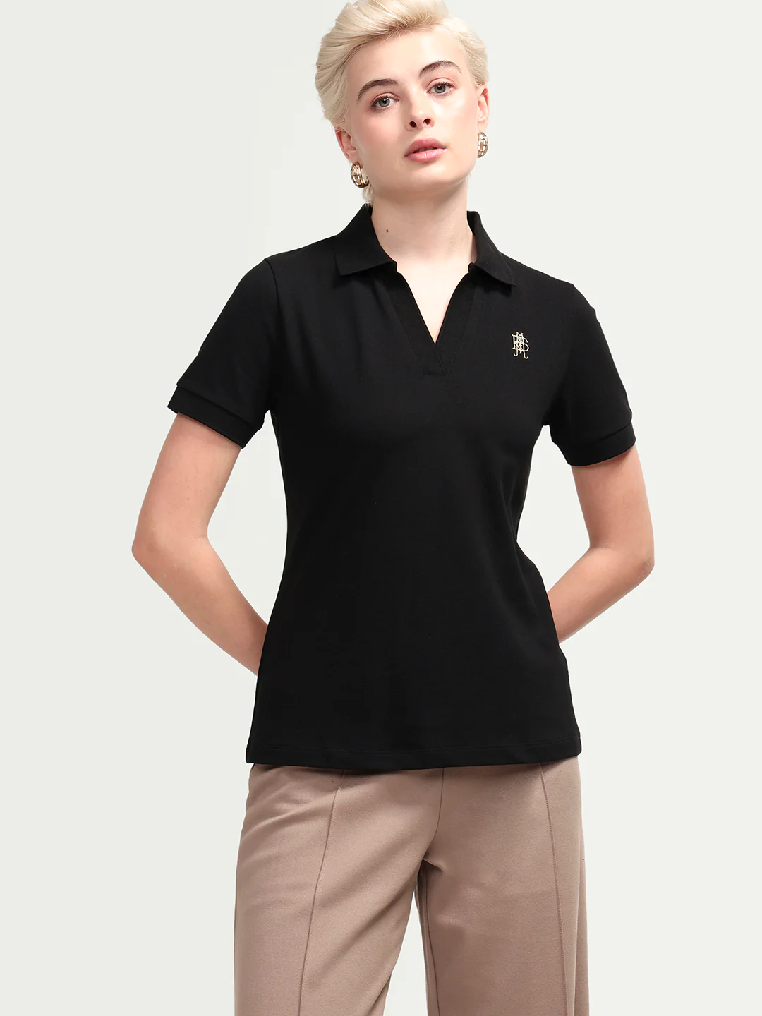 Rareism Women's Zavin Black Cotton Blend Half Sleeve Regular Fit Plain Polo - Image 4