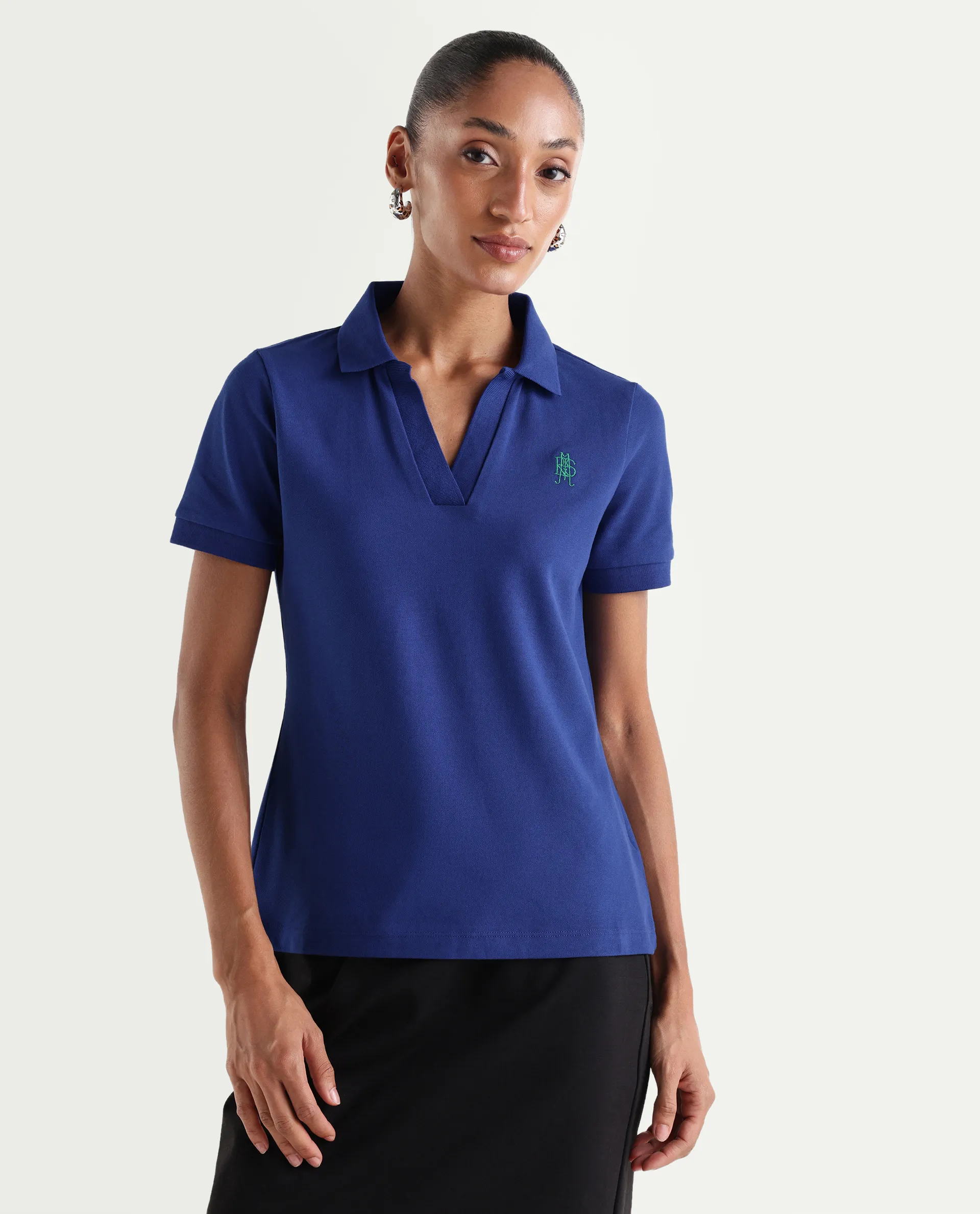Rareism Women's Zavin Dark Blue Cotton Blend Half Sleeve Regular Fit Plain Polo - Image 3