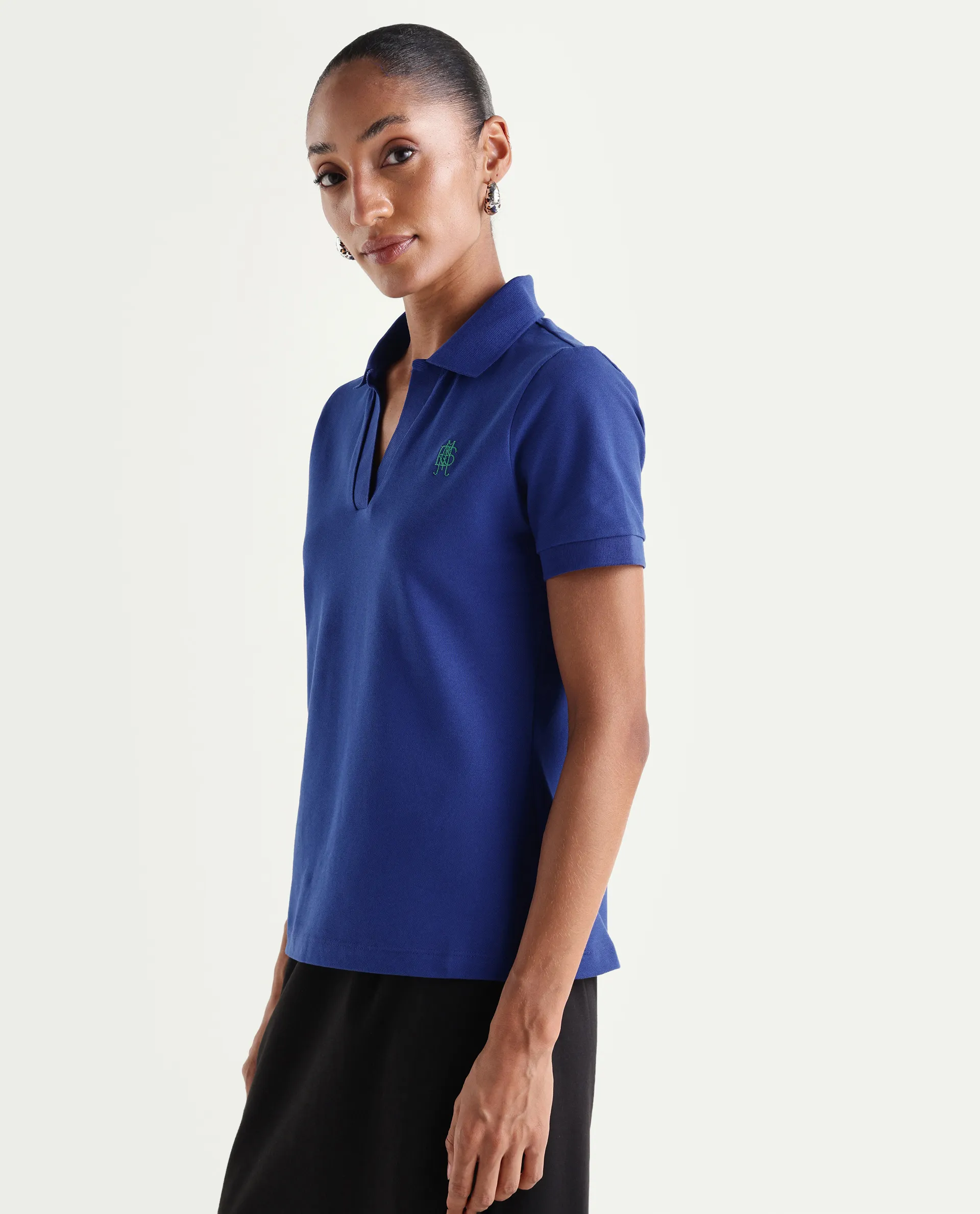 Rareism Women's Zavin Dark Blue Cotton Blend Half Sleeve Regular Fit Plain Polo - Image 5