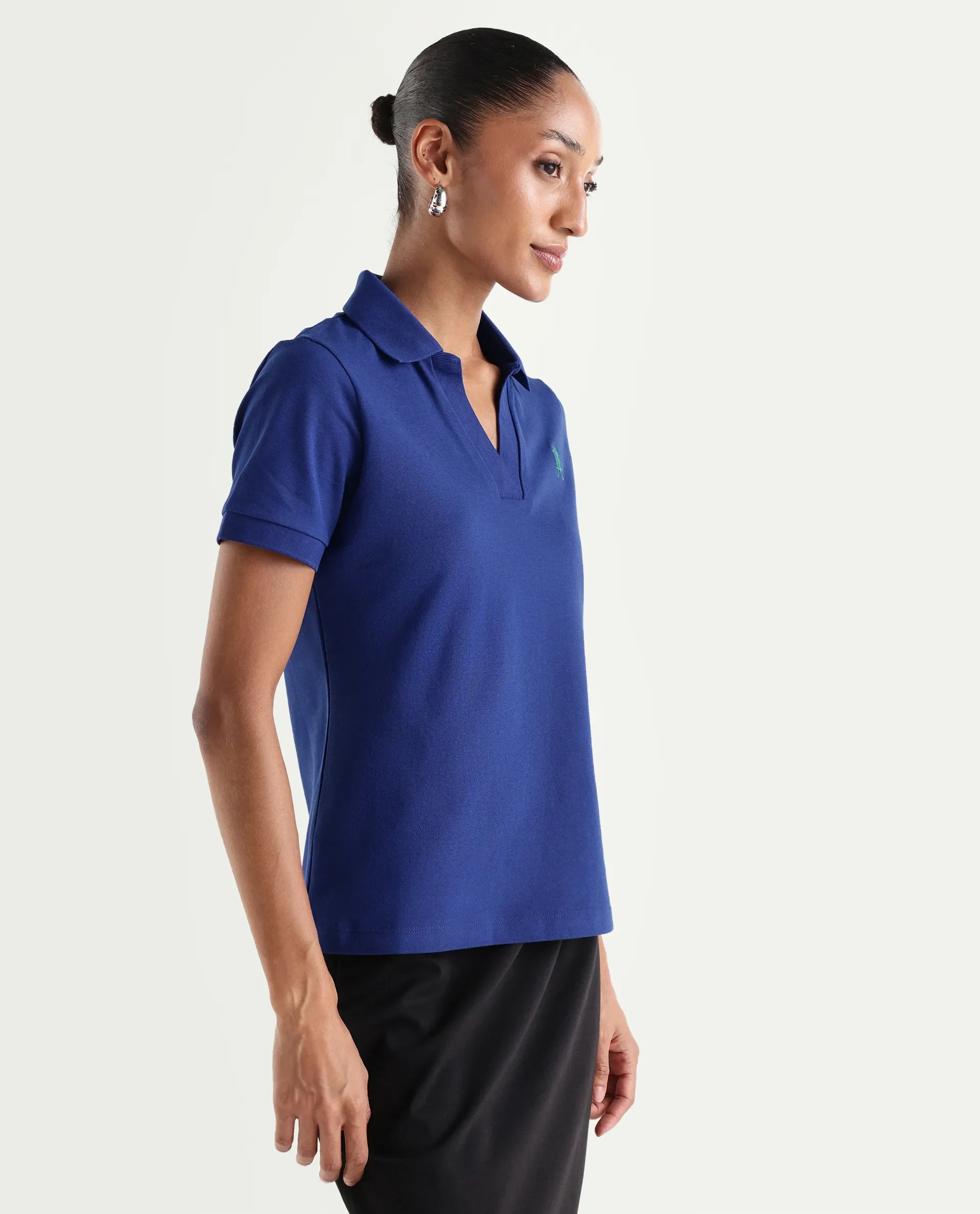Rareism Women's Zavin Dark Blue Cotton Blend Half Sleeve Regular Fit Plain Polo - Image 6