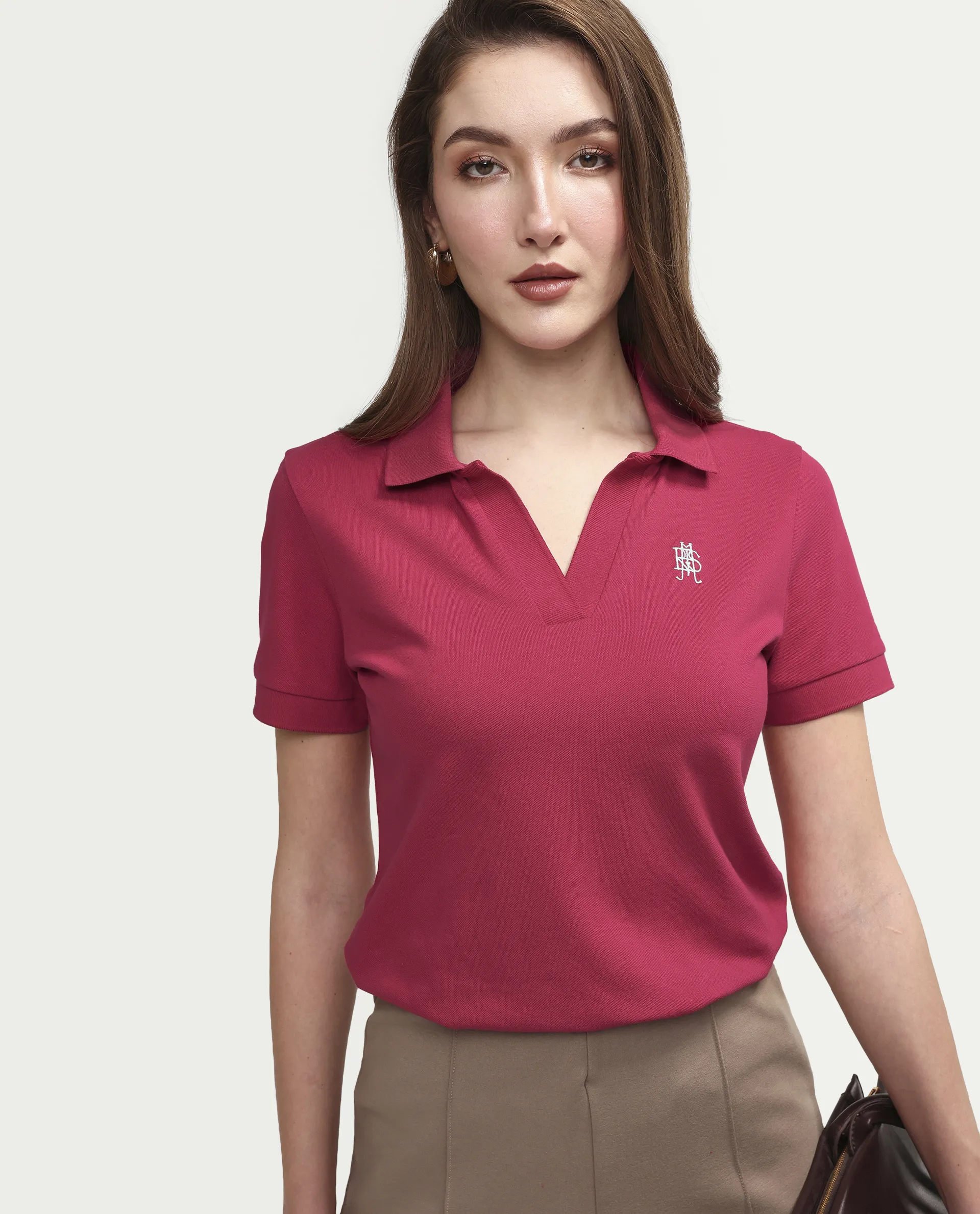 Rareism Women's Zavin Dark Pink Cotton Blend Polo Neck Plain Regular Fit Polo