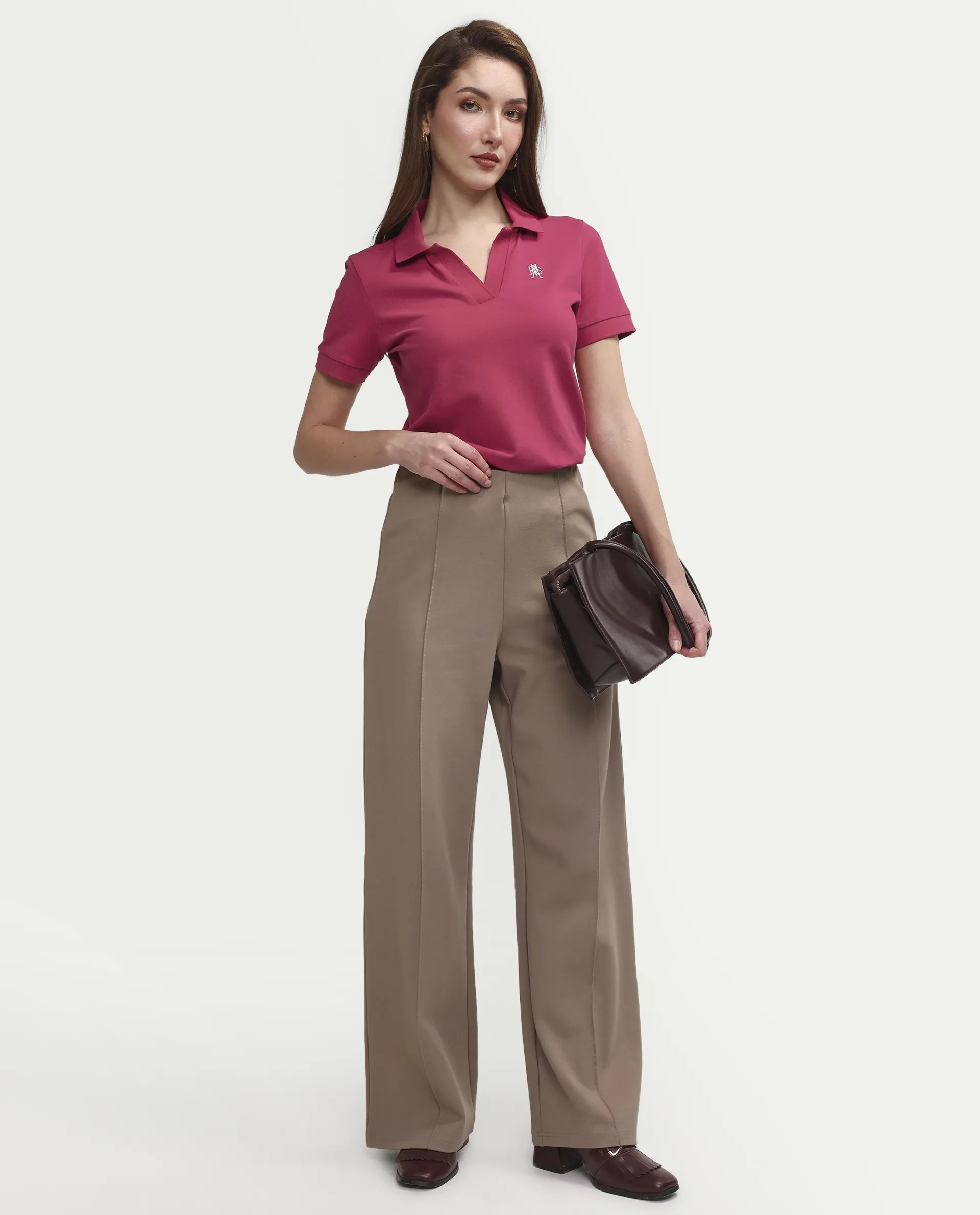 Rareism Women's Zavin Dark Pink Cotton Blend Polo Neck Plain Regular Fit Polo - Image 2